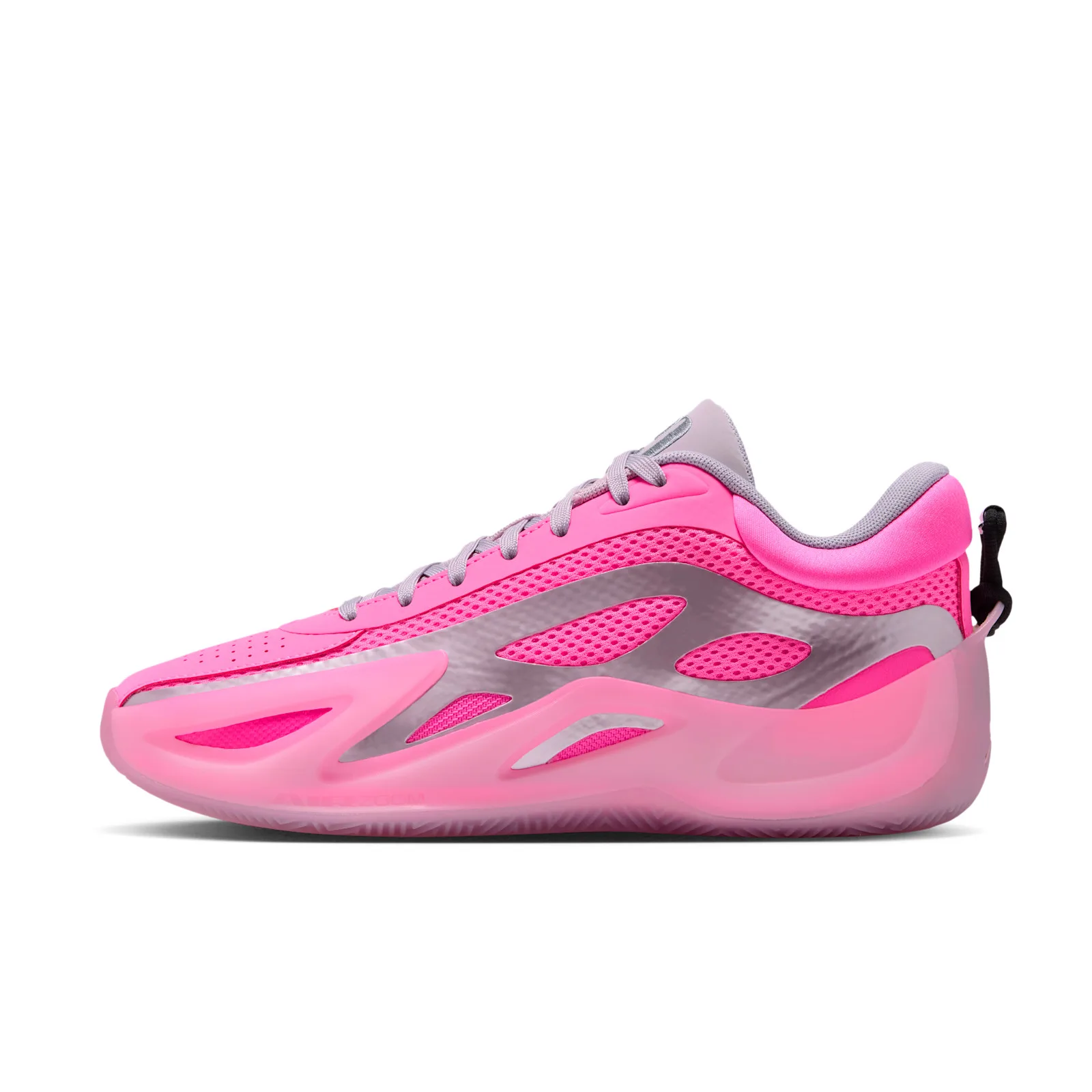 Medial view, pink mesh with silver-grey overlays, black heel loop, translucent pink sole, Pow Pink