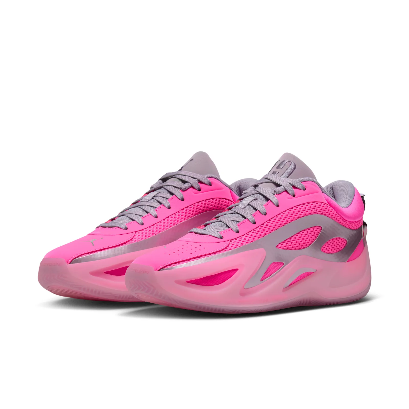 Pair from the front angle, grey laces, pink mesh and a translucent pink sole, Pow Pink