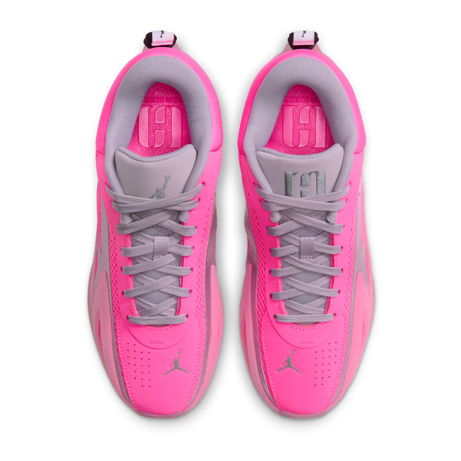 Top-down view of pair, grey laces, embroidered tongue logos, pink insoles, Pow Pink