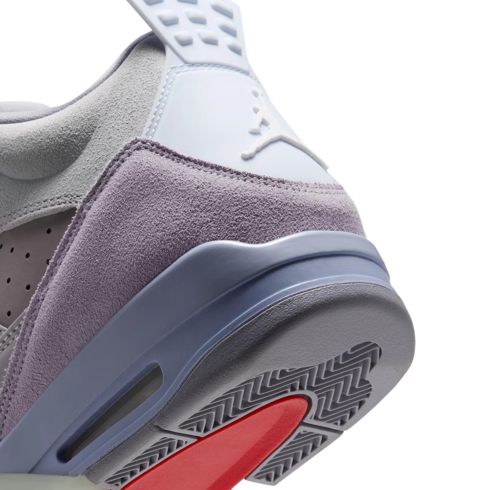 Heel detail on white, lilac suede, pale blue heel tab with Jumpman and red outsole, Lunar Tunes