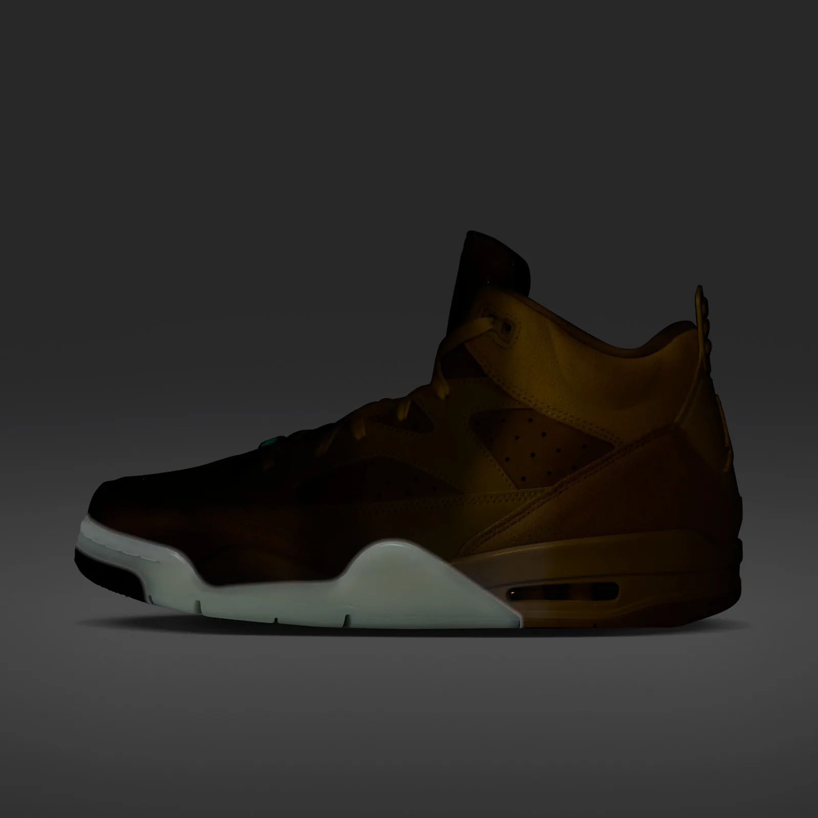 Lateral view in the dark, glow-in-the-dark midsole glowing pale green, Lunar Tunes