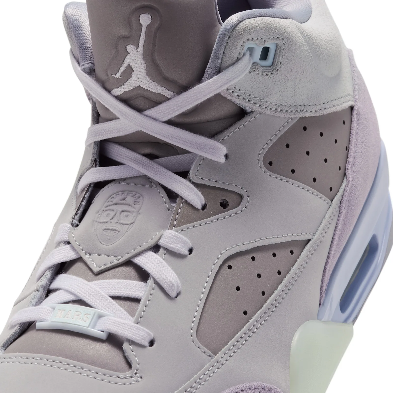 Angled close-up of lace area, embossed face on lace panel, Jumpman tongue and perforated panels, Lunar Tunes