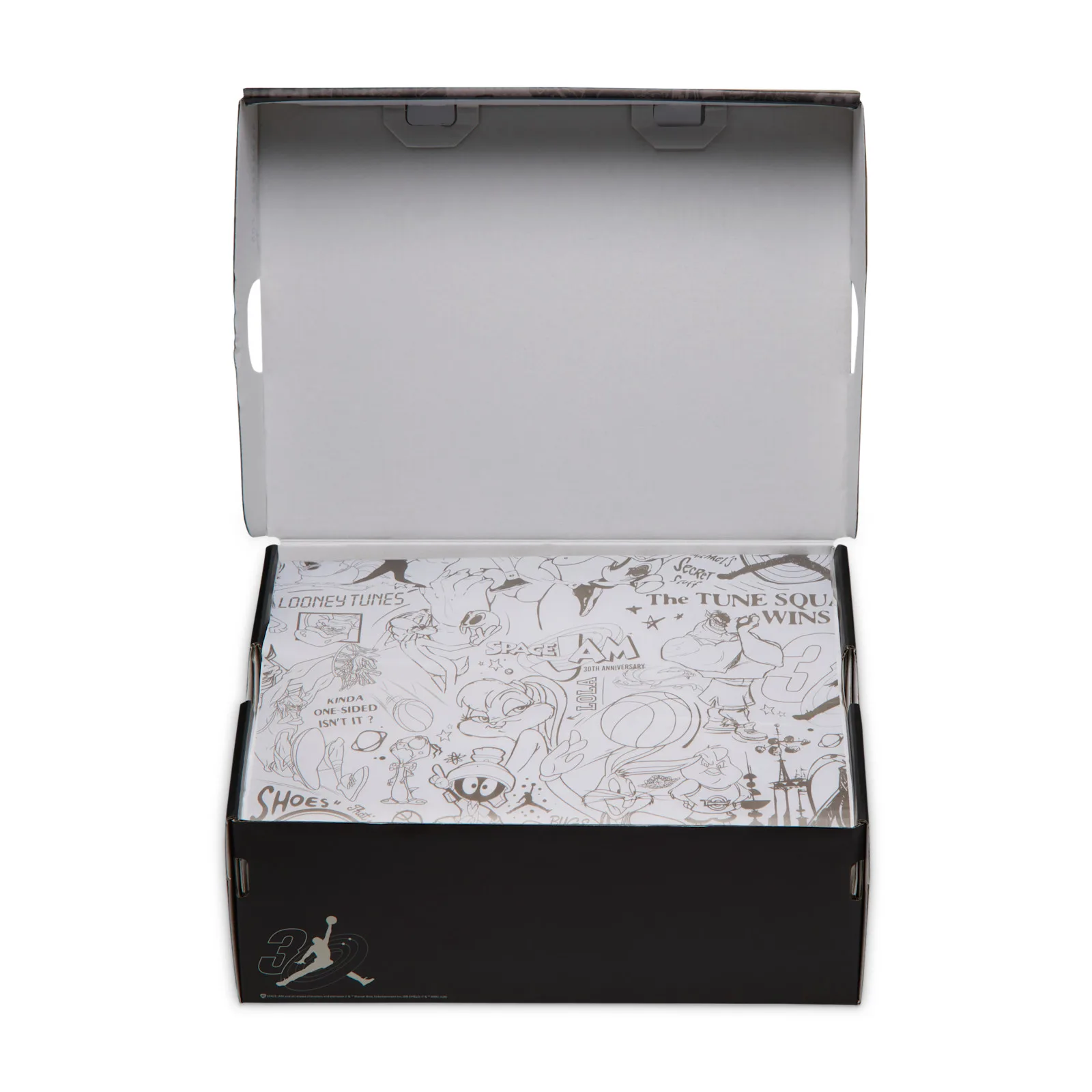 Open shoe box with Looney Tunes line-art tissue paper and a 30 logo on black box, Lunar Tunes