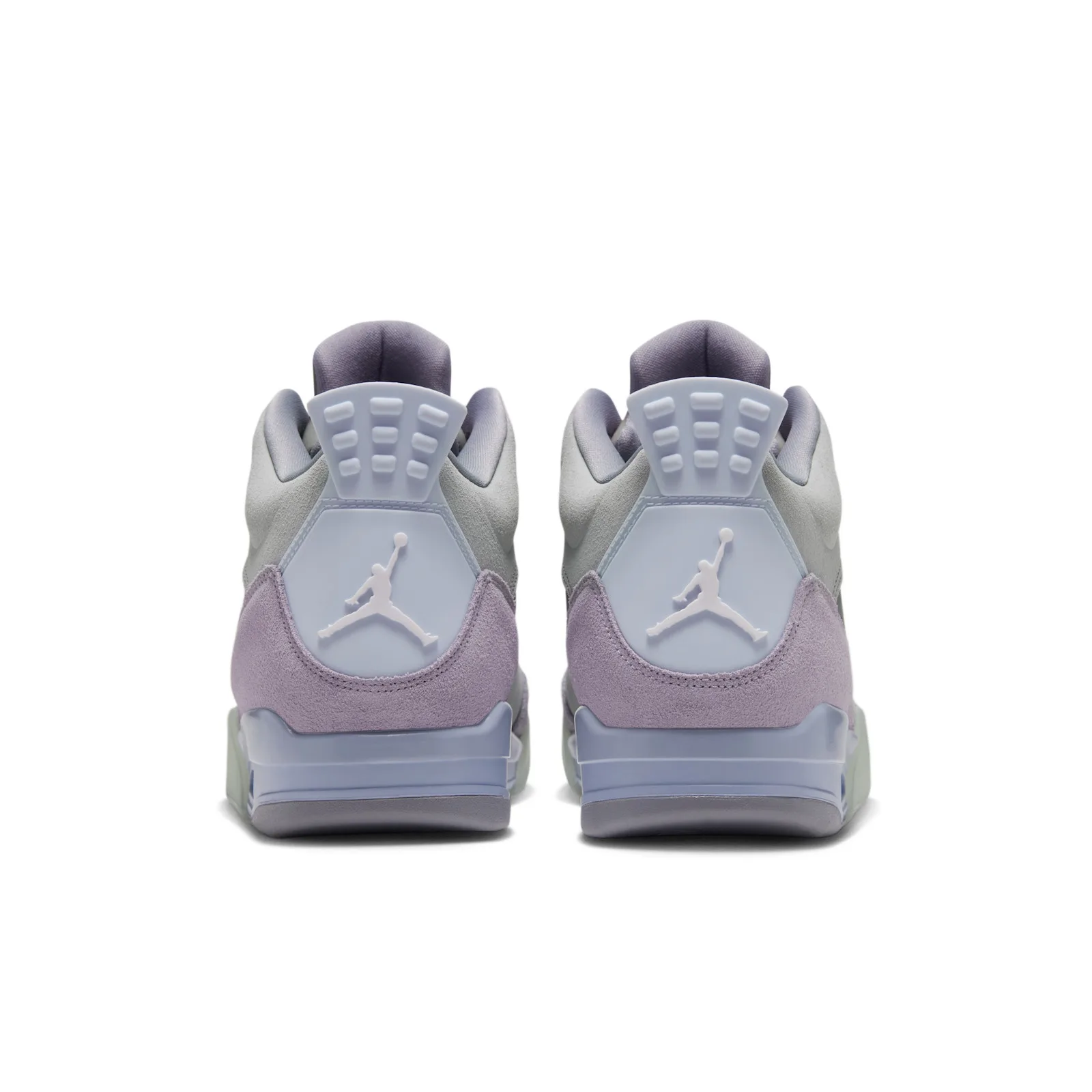 Heel view of the pair on white, white Jumpman logos on pale blue heel tabs, Lunar Tunes