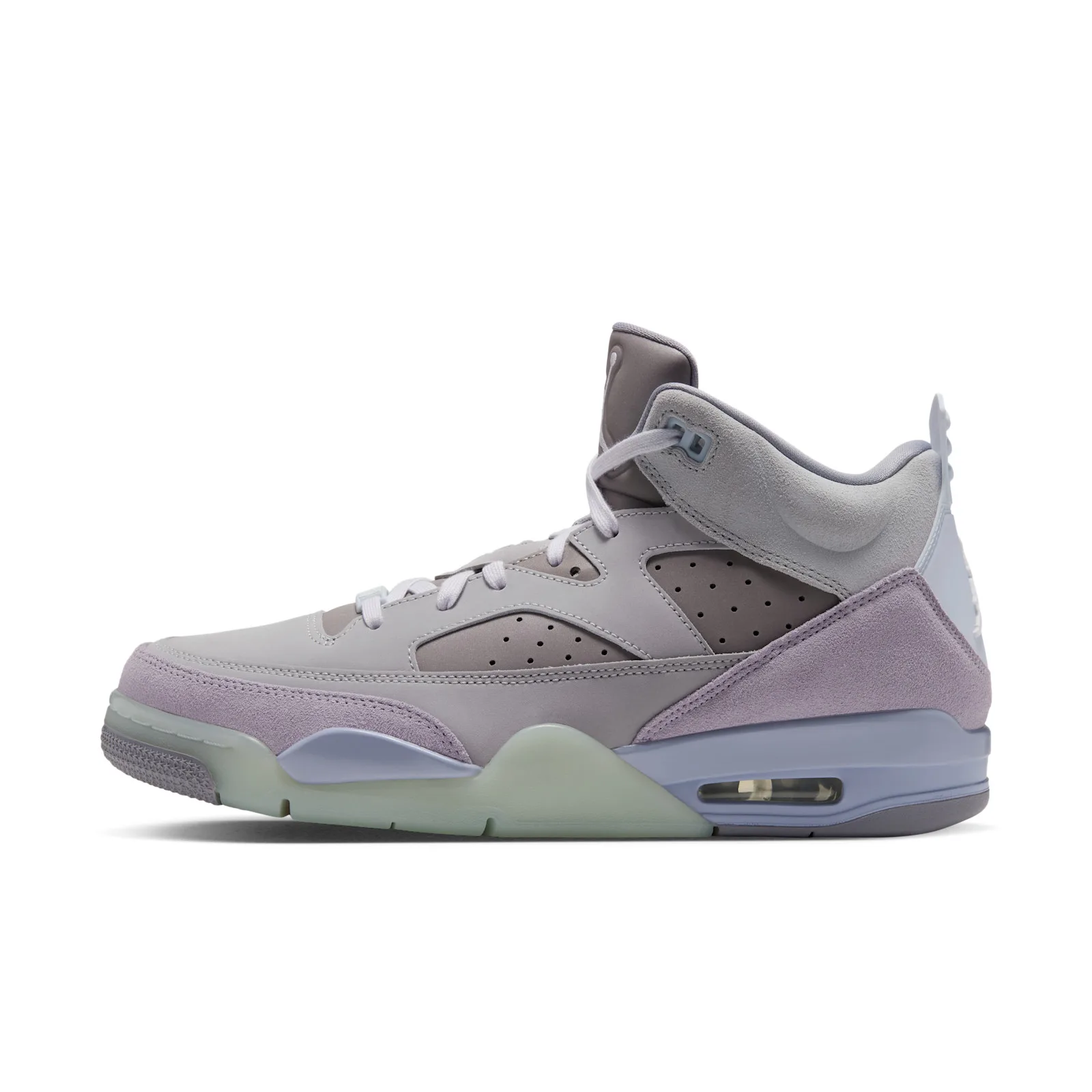 Lateral view on white, grey and lilac suede upper with translucent green midsole, Lunar Tunes