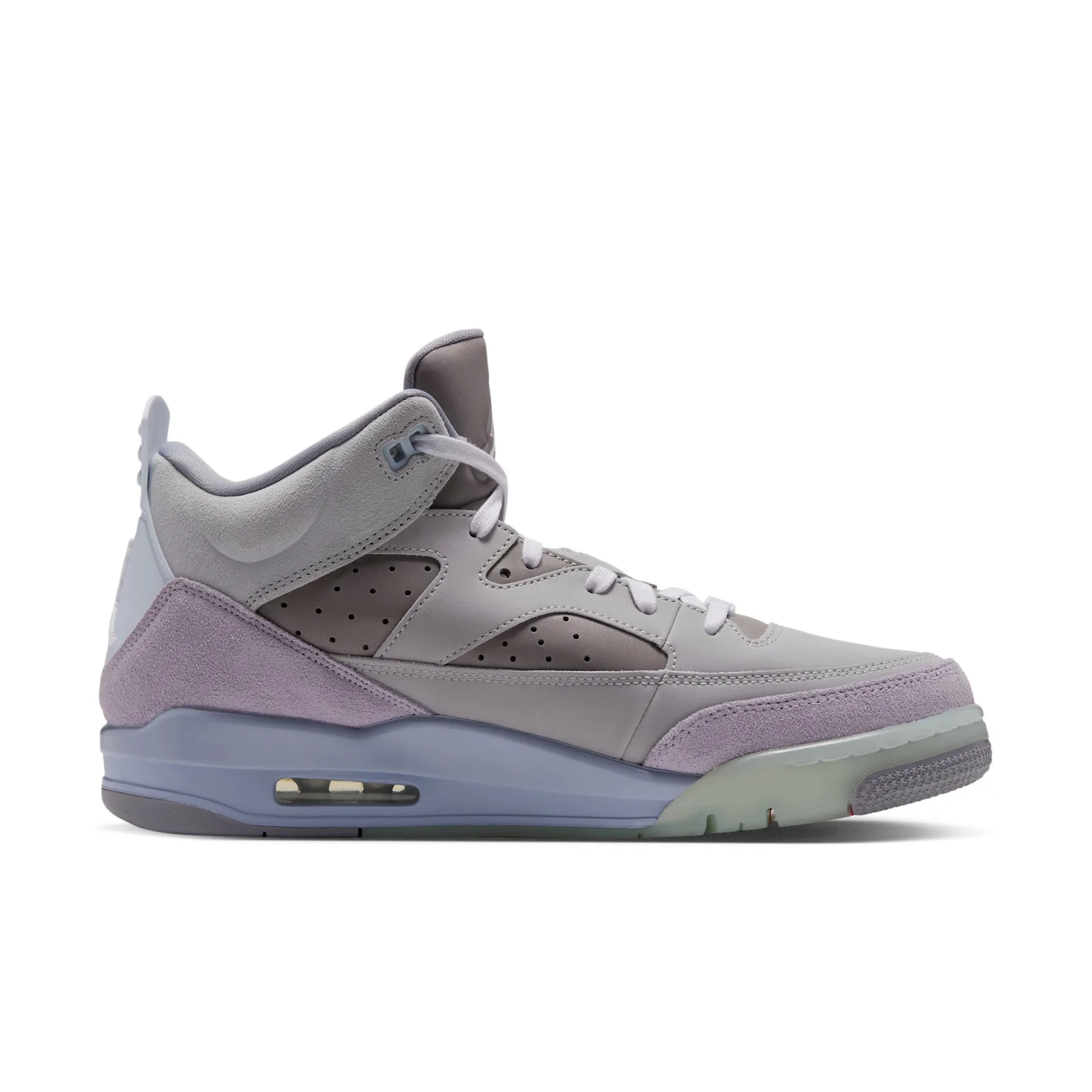 Medial view on white, lilac suede heel overlay and visible blue Air window, Lunar Tunes