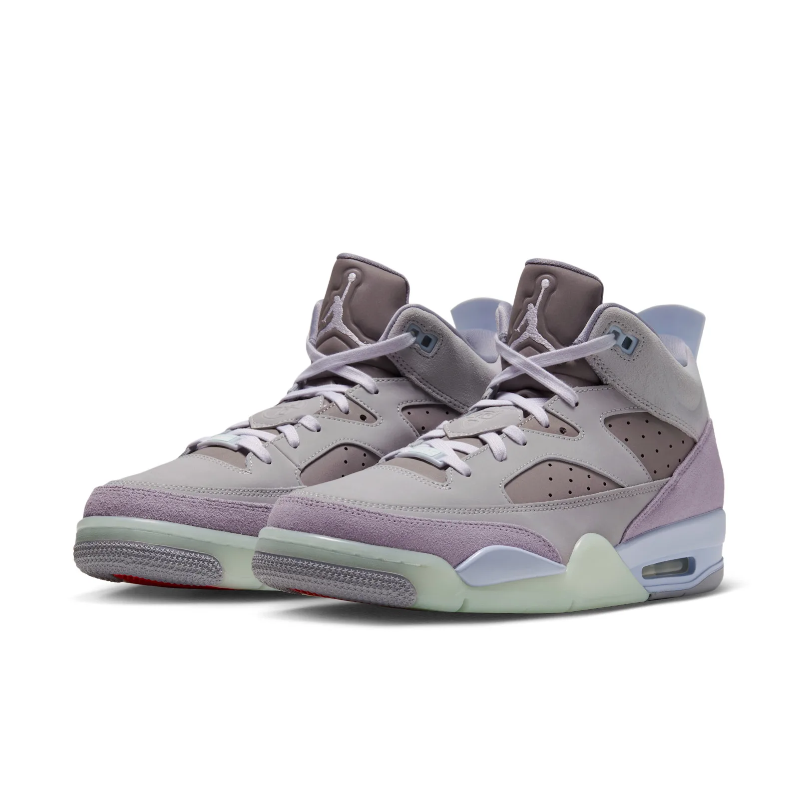 Three-quarter view of the pair on white, Jumpman on tongues, lilac suede and red outsole edge, Lunar Tunes