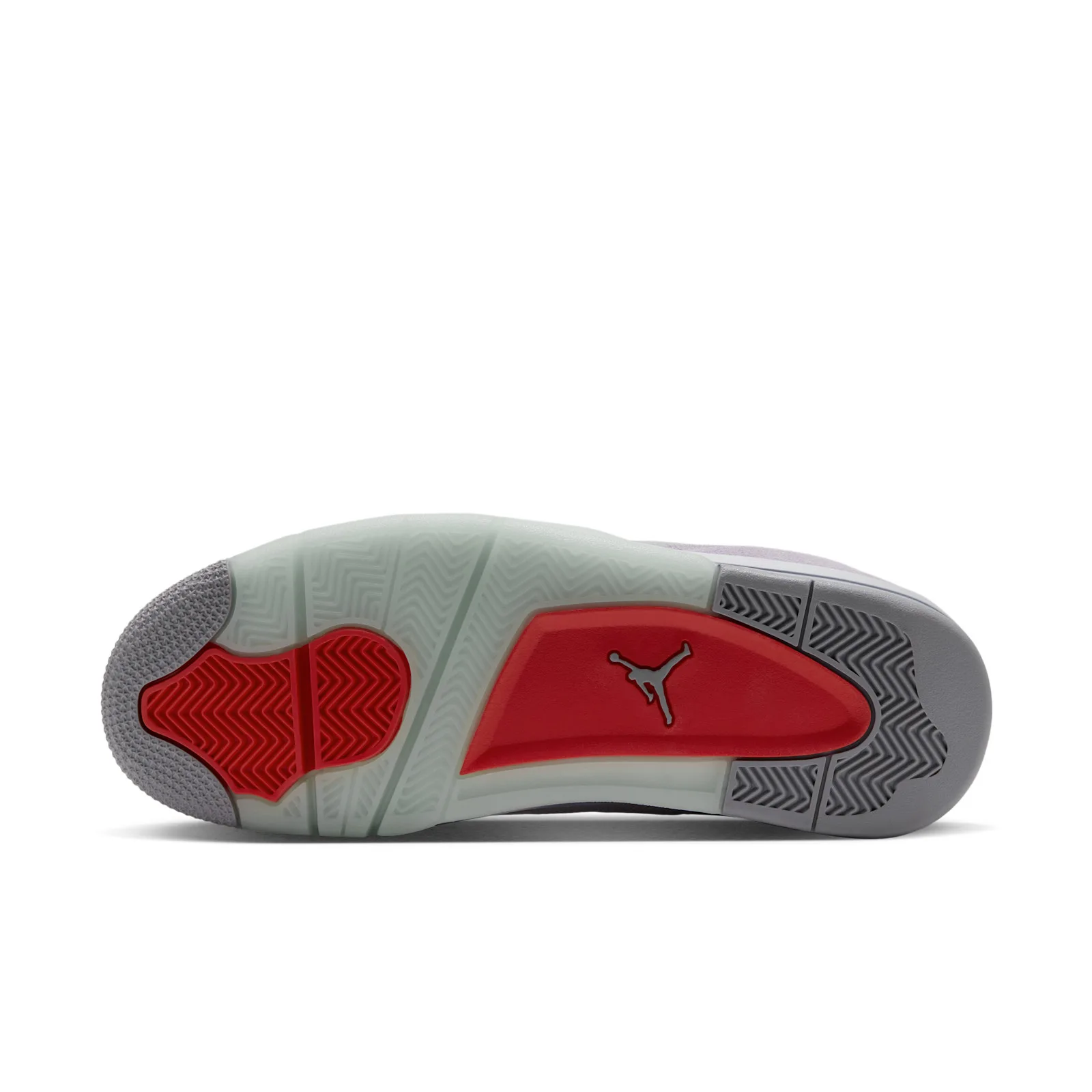 Outsole view on white, red pods, grey rubber edges and translucent green centre, Lunar Tunes