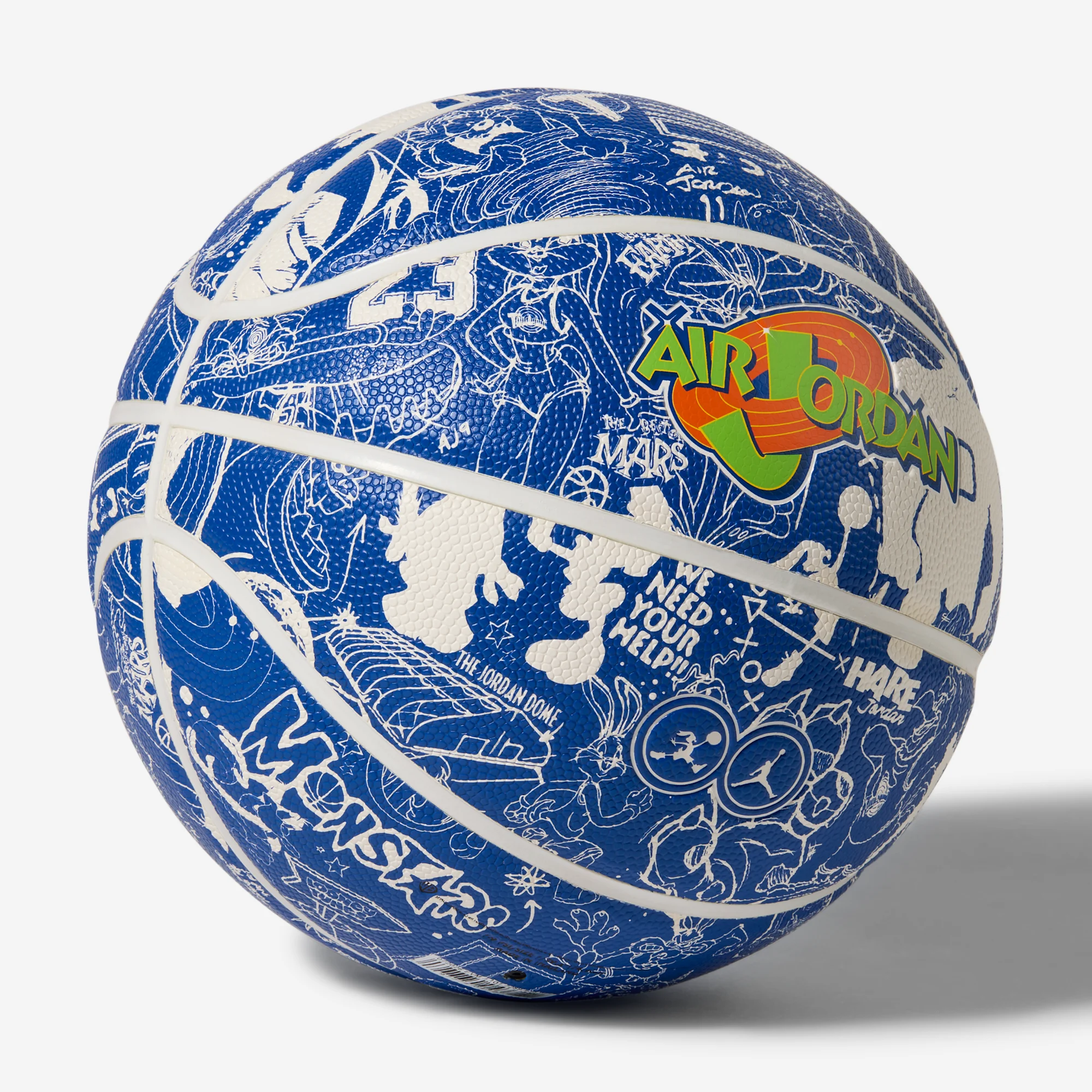 Rotated view of blue basketball with white channels and colorful Air Jordan logo, All Court Basketball