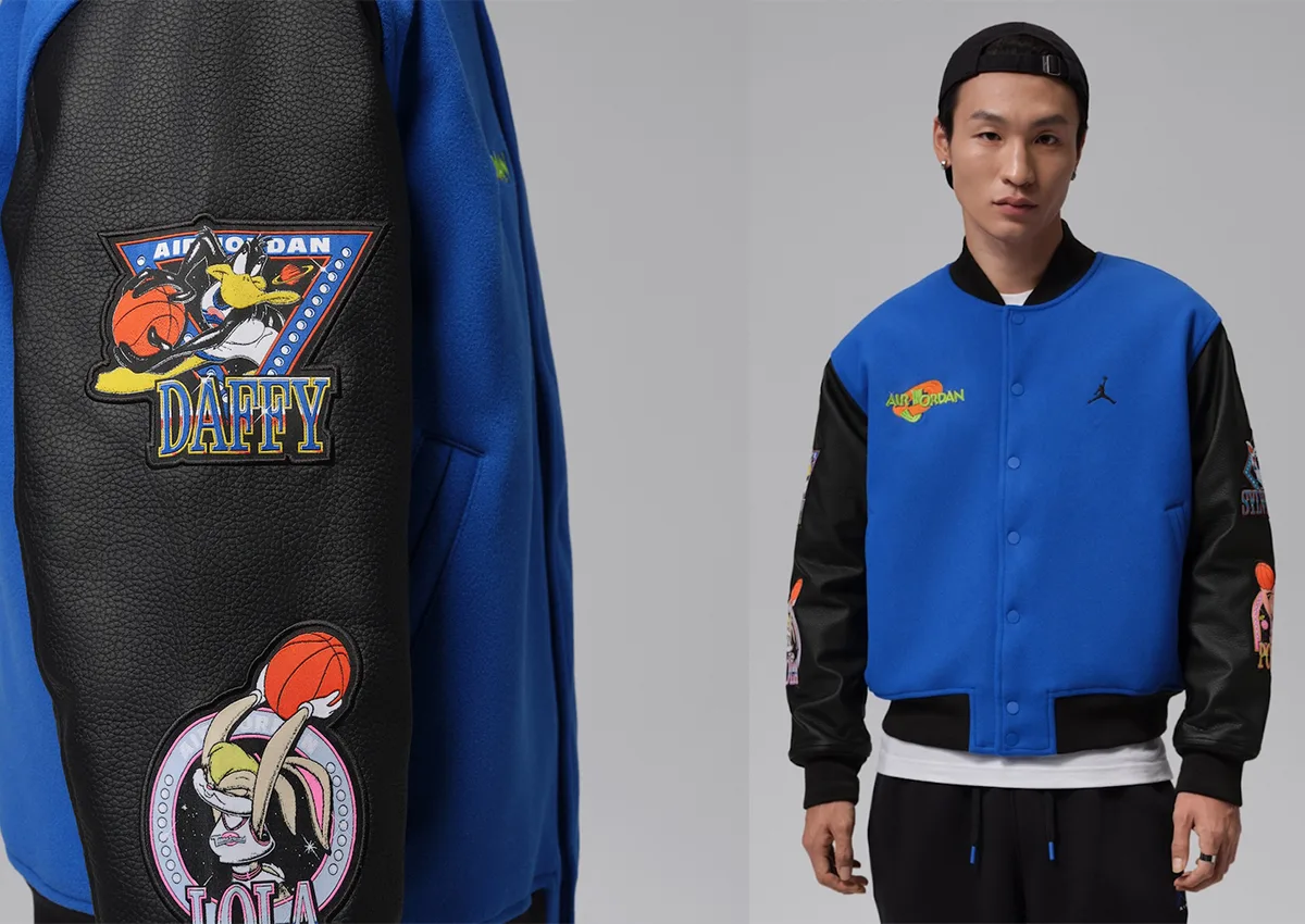 Split view: black sleeve with Daffy and Lola patches beside on-model blue jacket front, Varsity Royal/Black