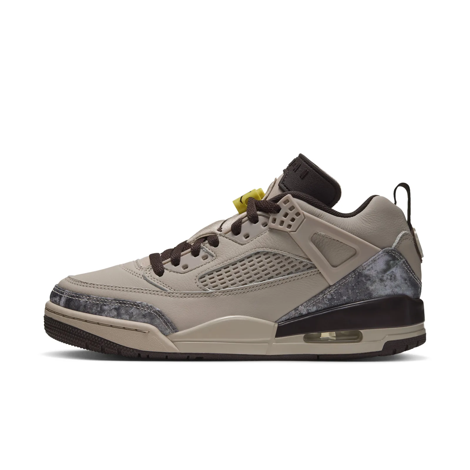 Lateral view on white, tan leather with grey camo toe and heel panels, yellow lace toggle, Realtree Camo