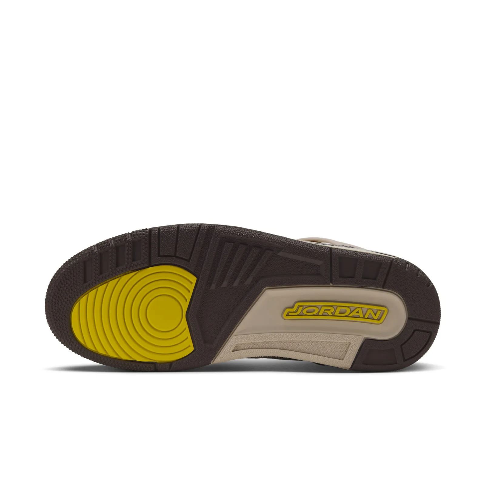 Outsole view with yellow circular pivot pattern, brown rubber and yellow Jordan text, Realtree Camo