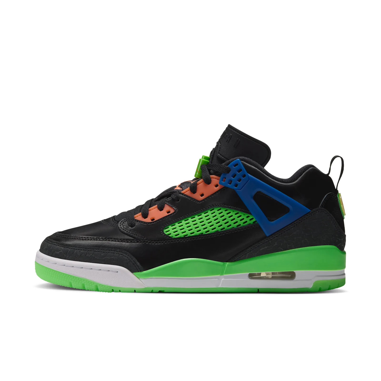 Lateral side profile on white, black upper, green mesh panel, blue cage and neon green midsole, Space Jam
