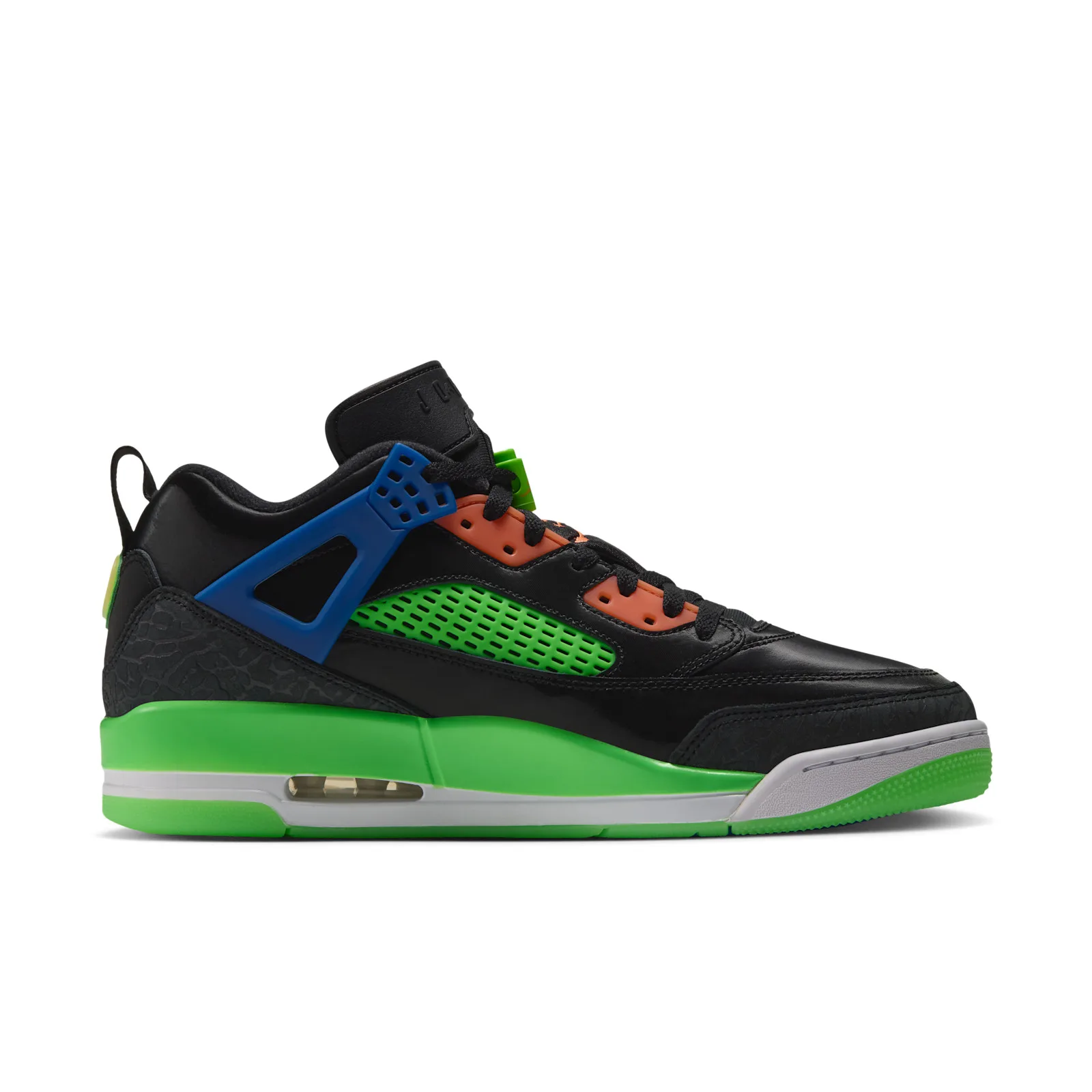 Medial side profile on white, blue cage at heel, green mesh panel and visible heel air window, Space Jam