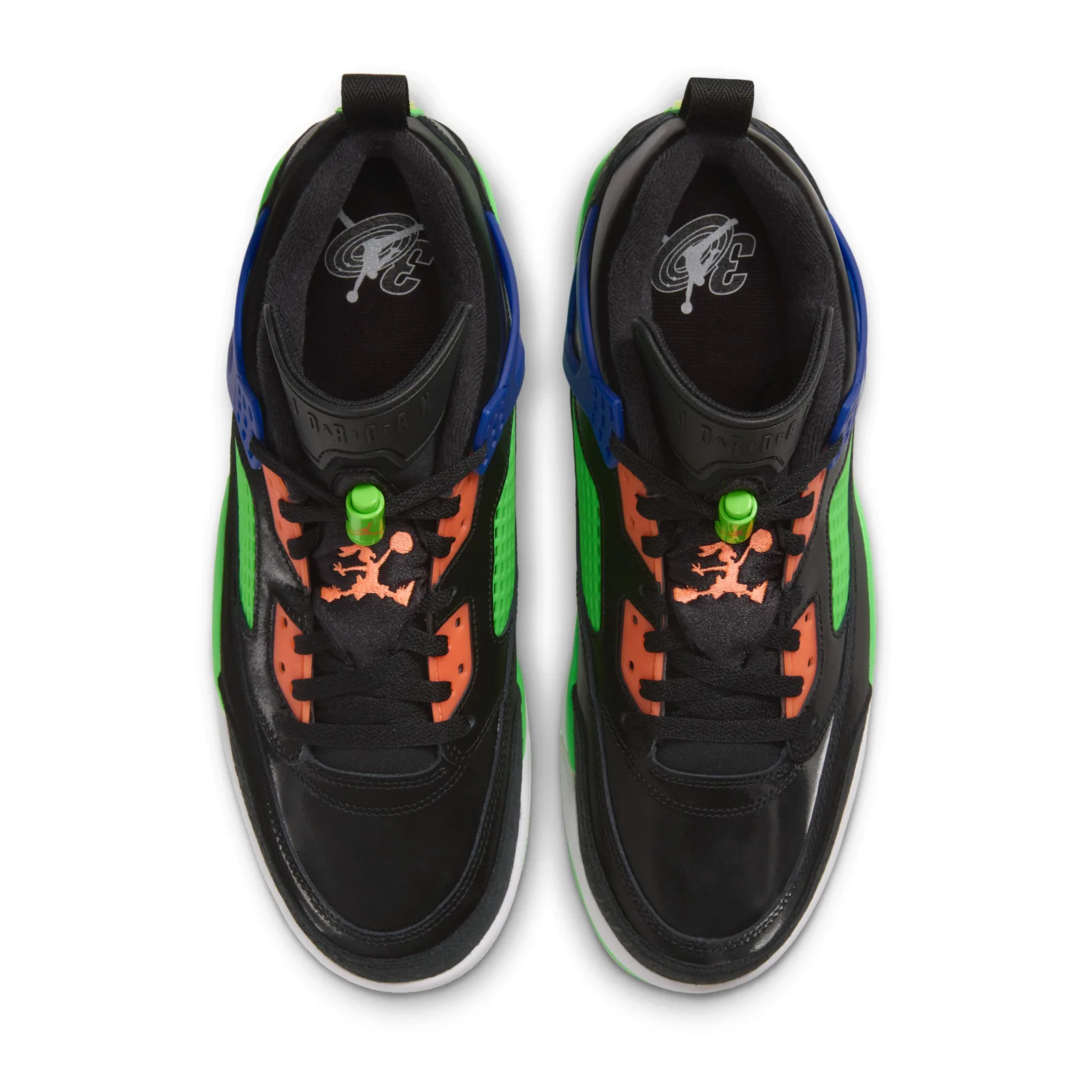 Top-down view of pair, black laces, green lace lock, orange Jumpman embroidered on tongue, Space Jam