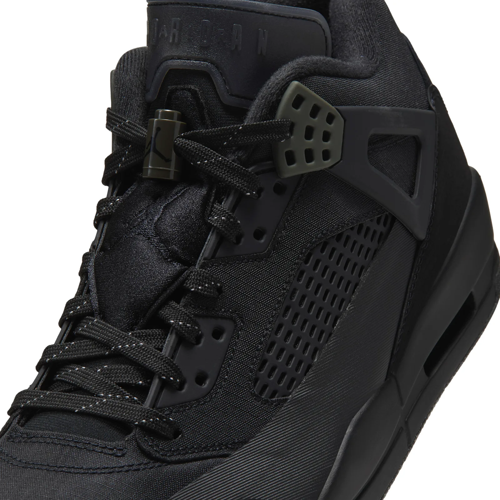 Detail of lacing area, black laces with reflective specks, olive toggle and perforated cage, Black