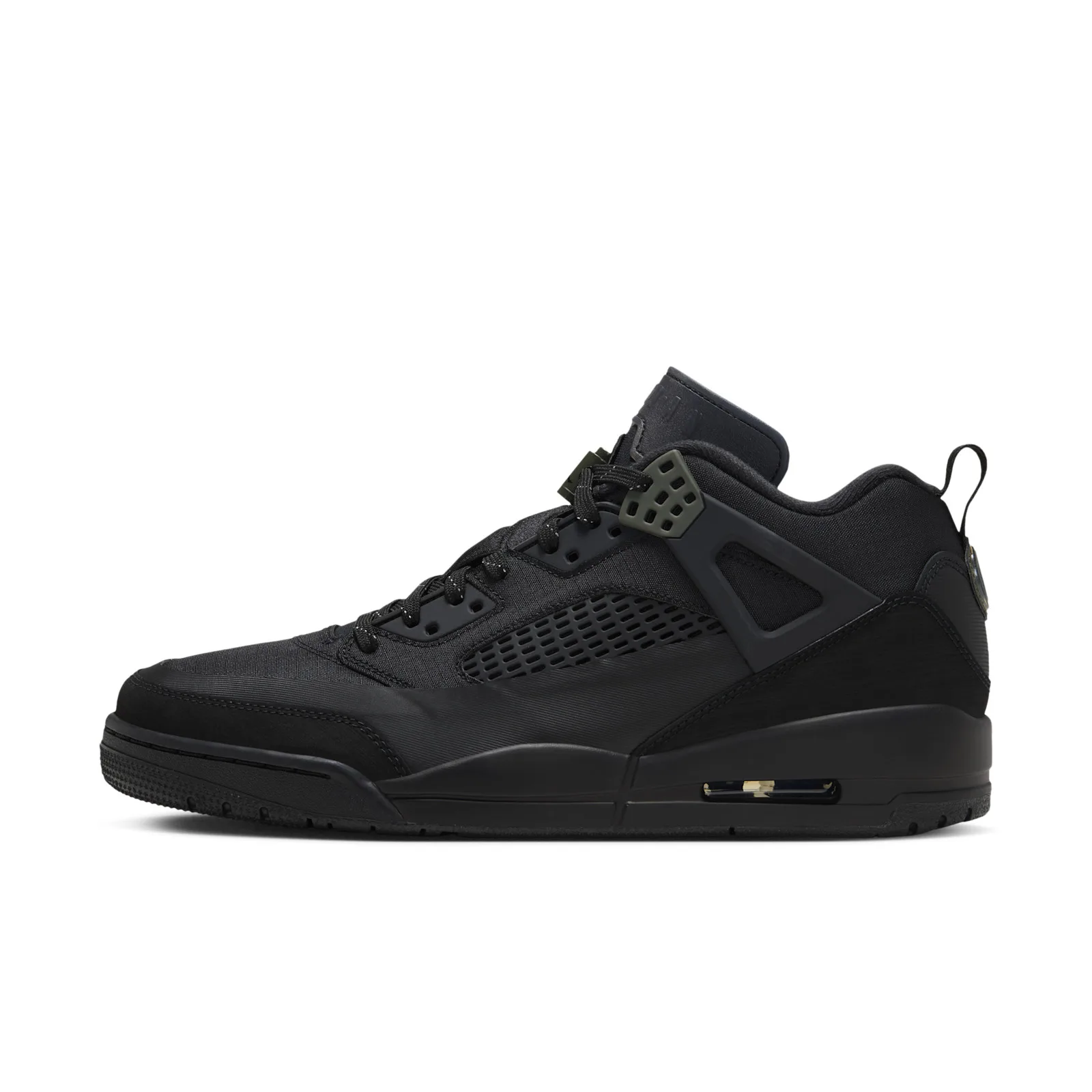 Lateral view on white, all-black ripstop upper with perforated panel and olive eyelet cage, Black