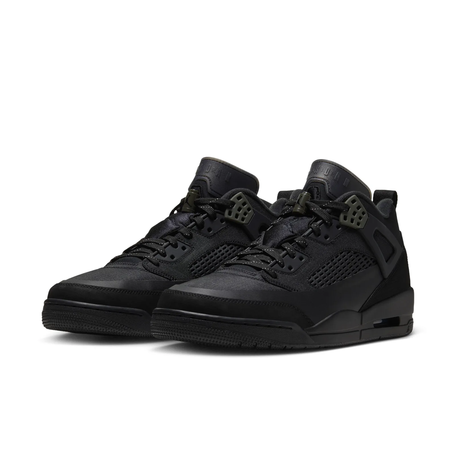 Pair at three-quarter angle, all-black with olive lace toggles and Jordan text on tongues, Black
