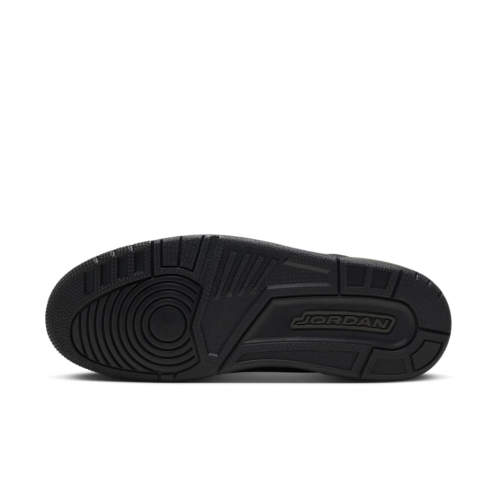 Outsole view, black rubber with concentric circle forefoot pattern and Jordan logo plate, Black