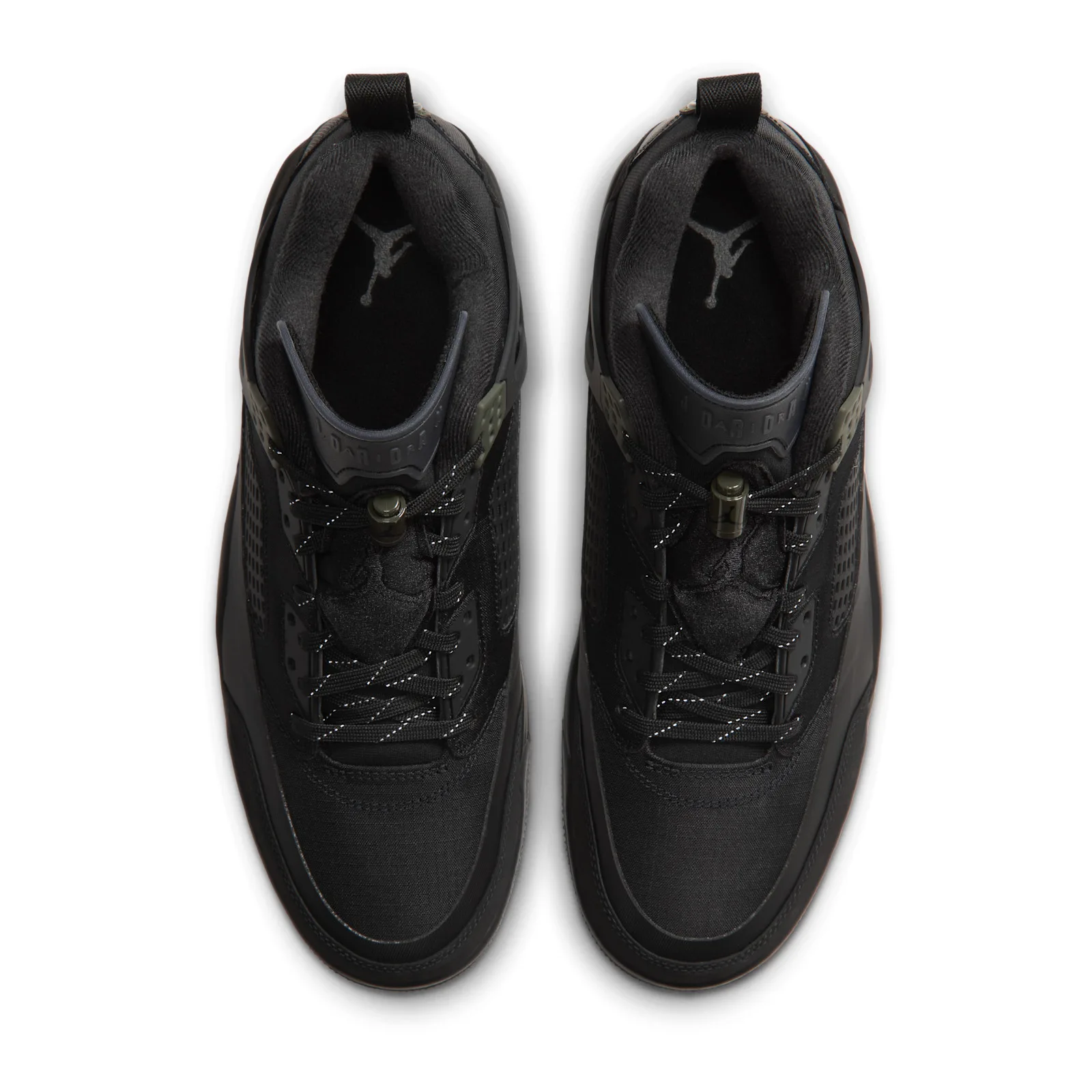 Top-down view of pair, black laces with reflective flecks, olive toggles and Jumpman on insoles, Black
