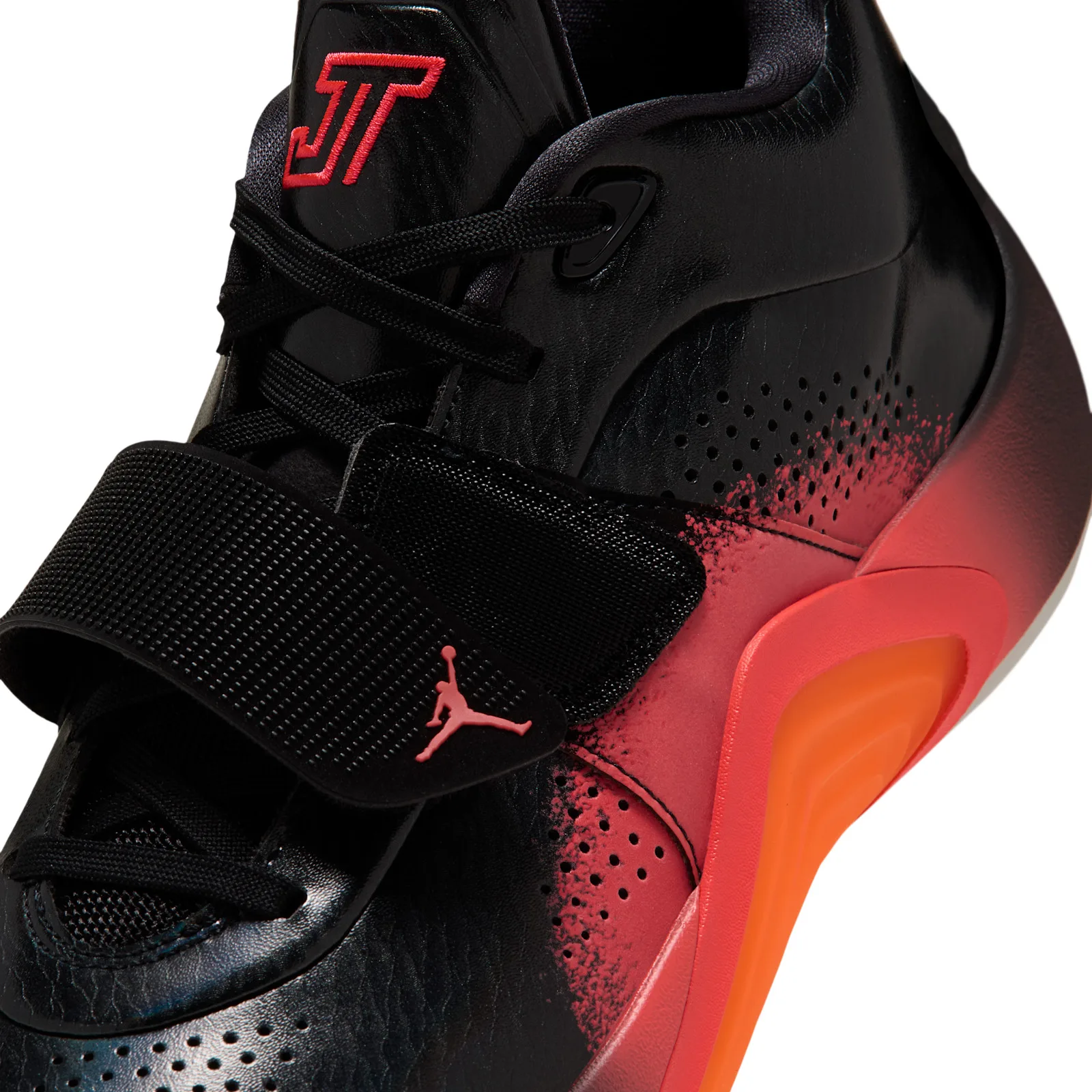 toe detail close-up, red JT and Jumpman logos, red-to-orange midsole, Sunset
