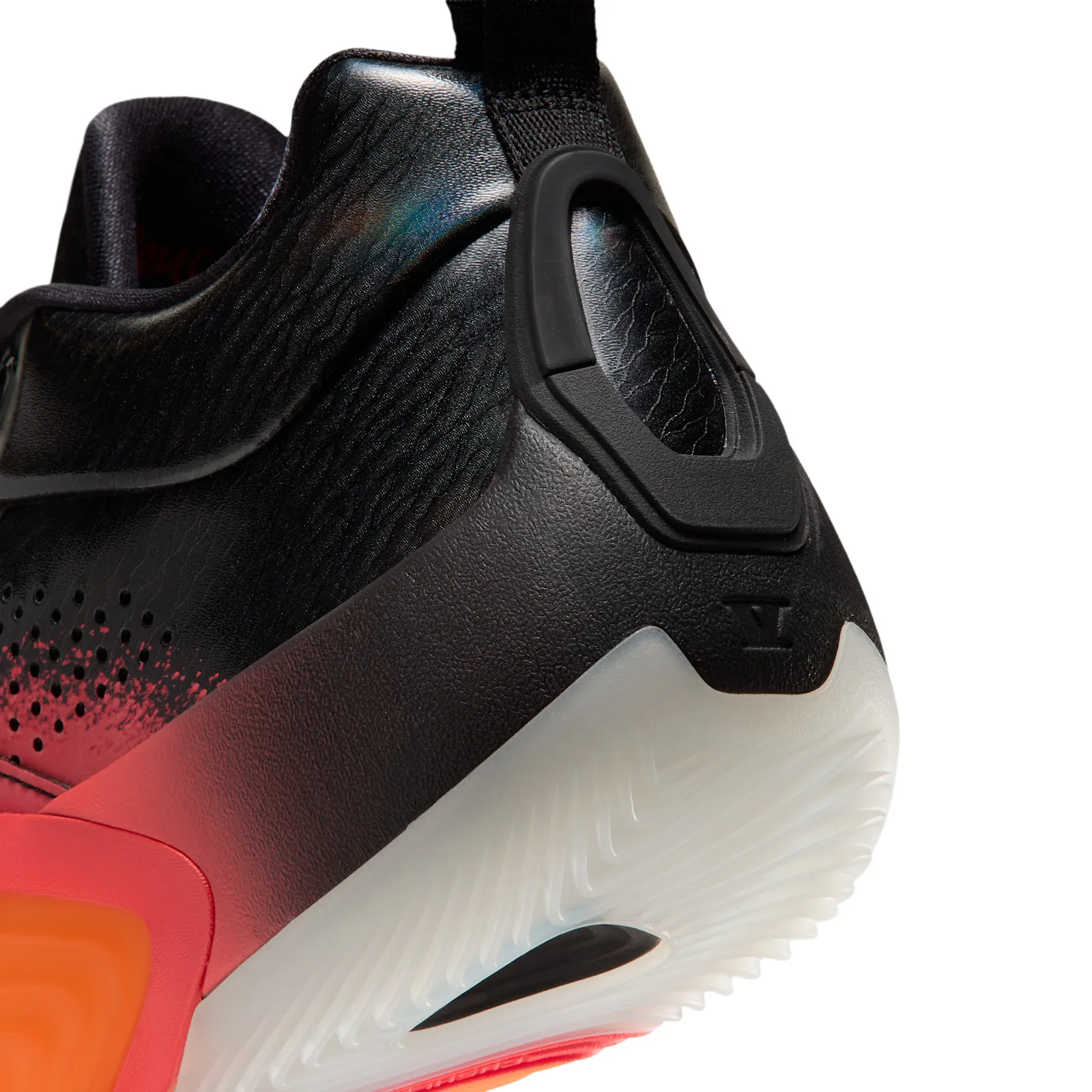 heel detail close-up, black heel counter, translucent white outsole, Sunset