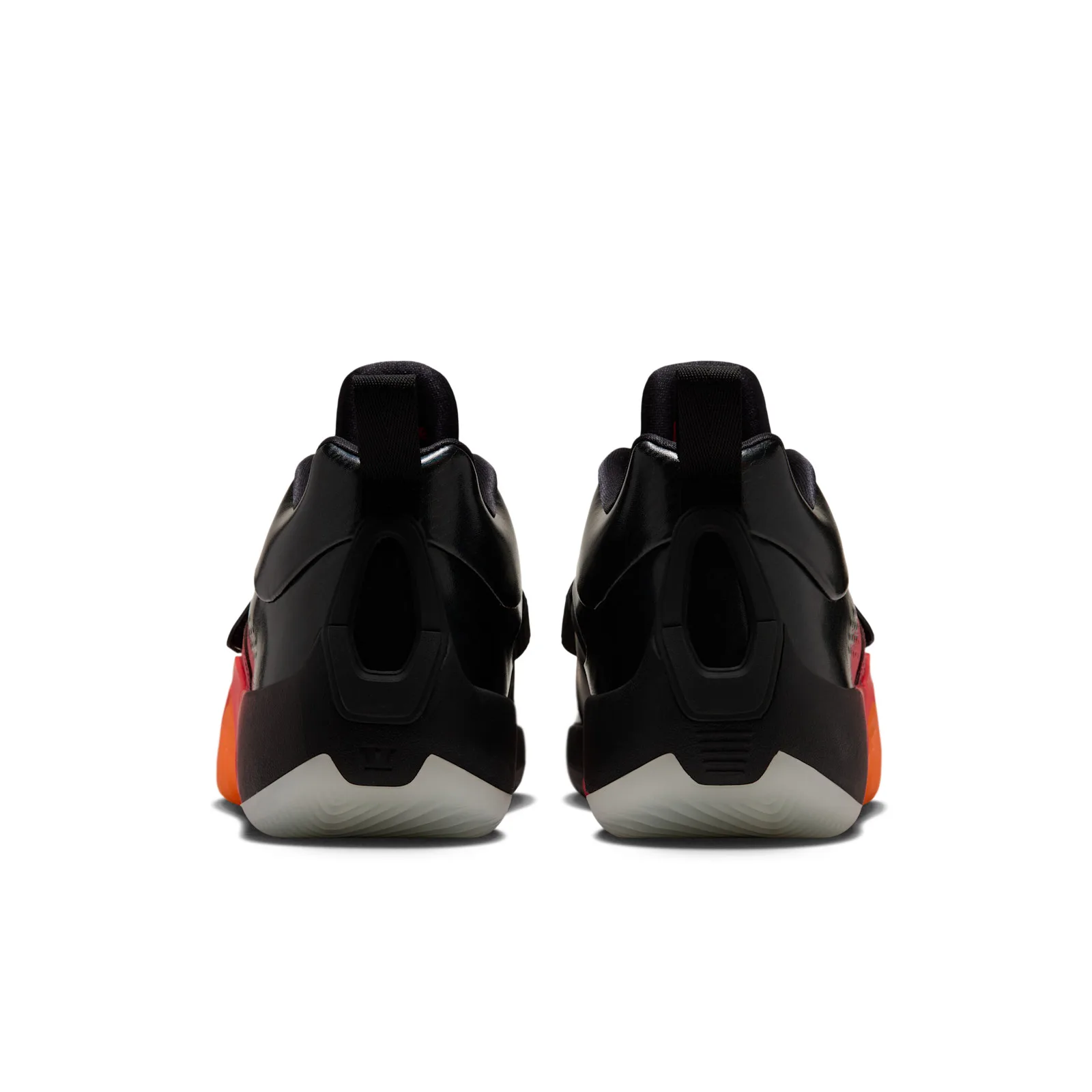 heel view of pair, black heel tabs, red-orange midsole fading to white outsole, Sunset