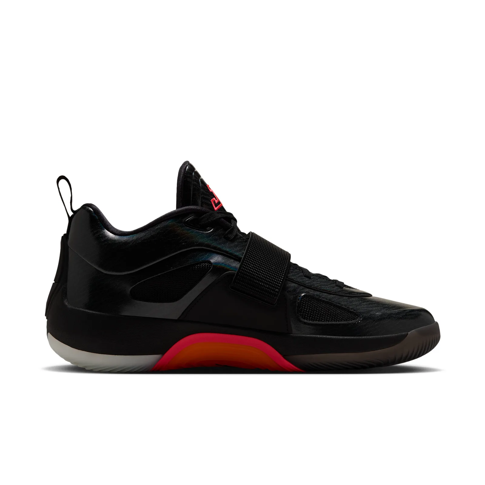 medial view, black upper with mesh panel, red-orange midsole stripe, Sunset