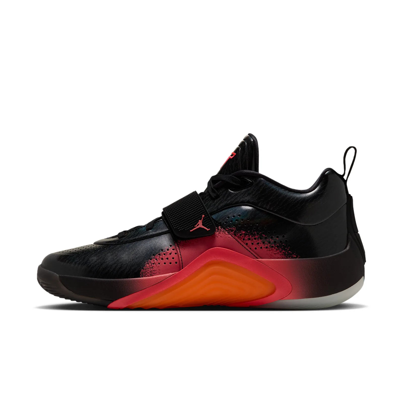 lateral view, black upper, red-to-orange midsole fade, white outsole, Sunset
