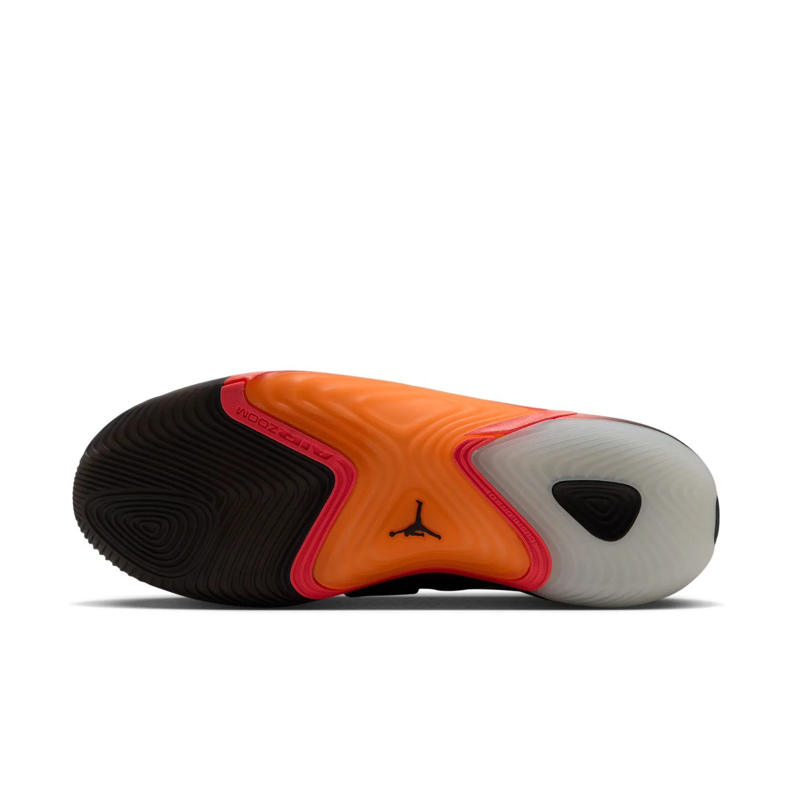 outsole view, orange and red sole with black Jumpman logo, white forefoot, Sunset