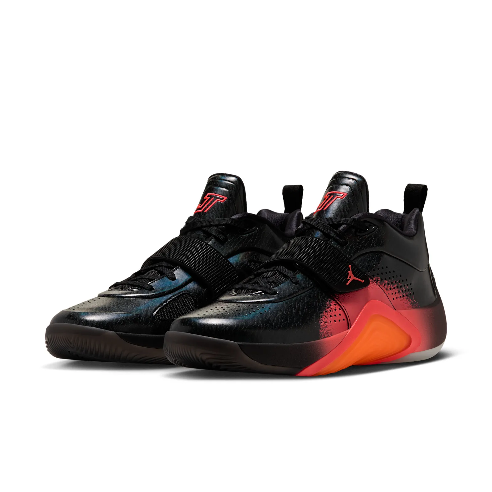 pair at front angle, black uppers, red-orange midsole, JT embroidery on tongues, Sunset
