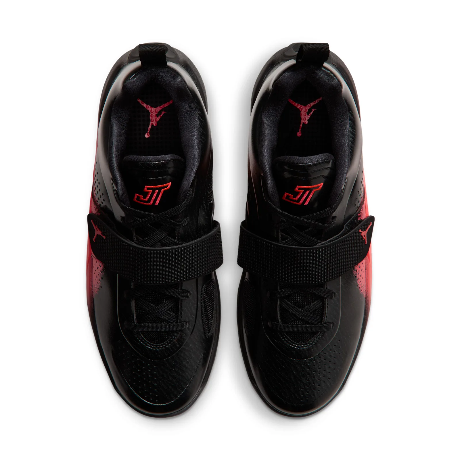 top-down view of pair, black laces and strap, red Jumpman and JT logos on tongues, Sunset
