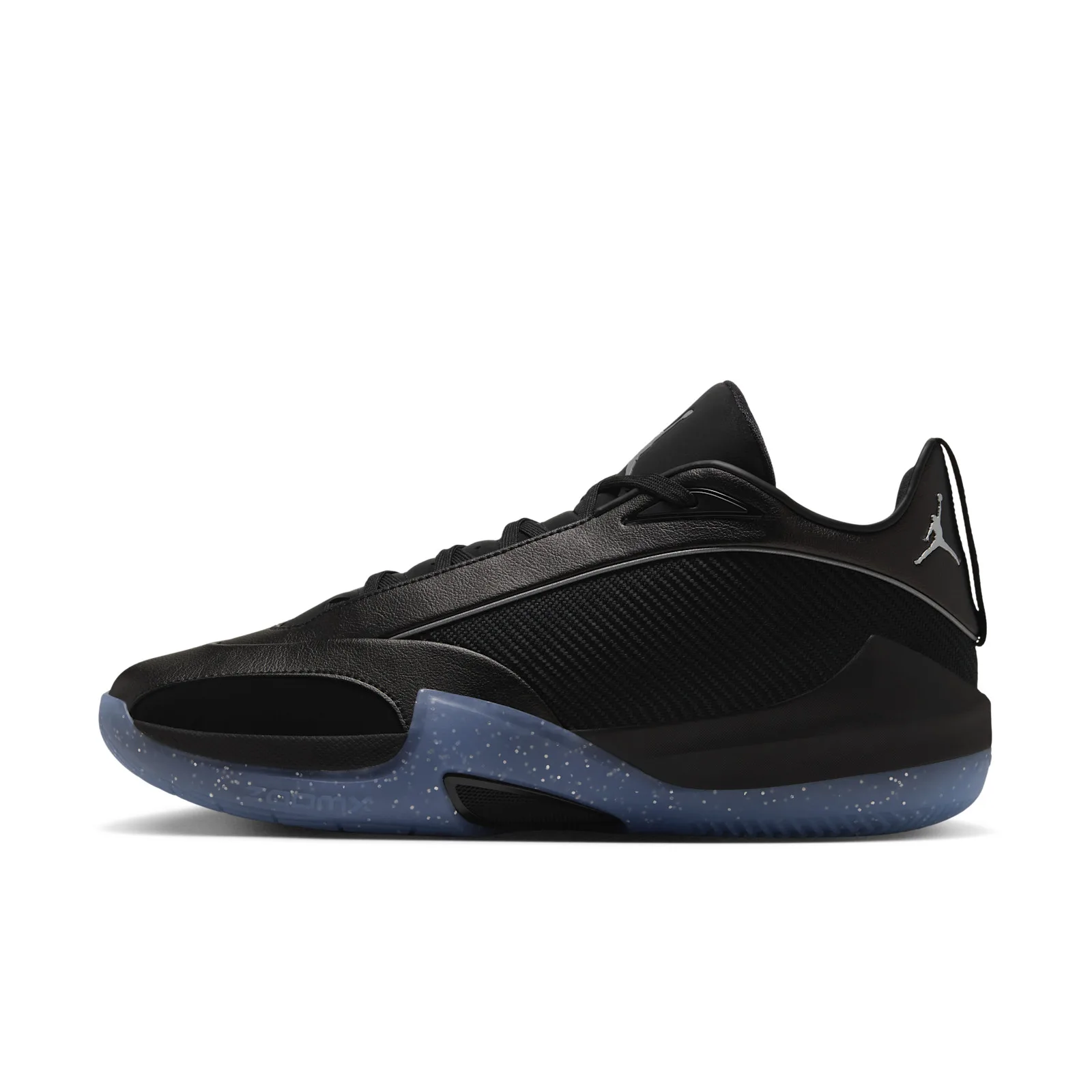 Lateral view on white, black carbon-weave upper, silver Jumpman logo, speckled translucent blue sole, Black/Metallic Silver