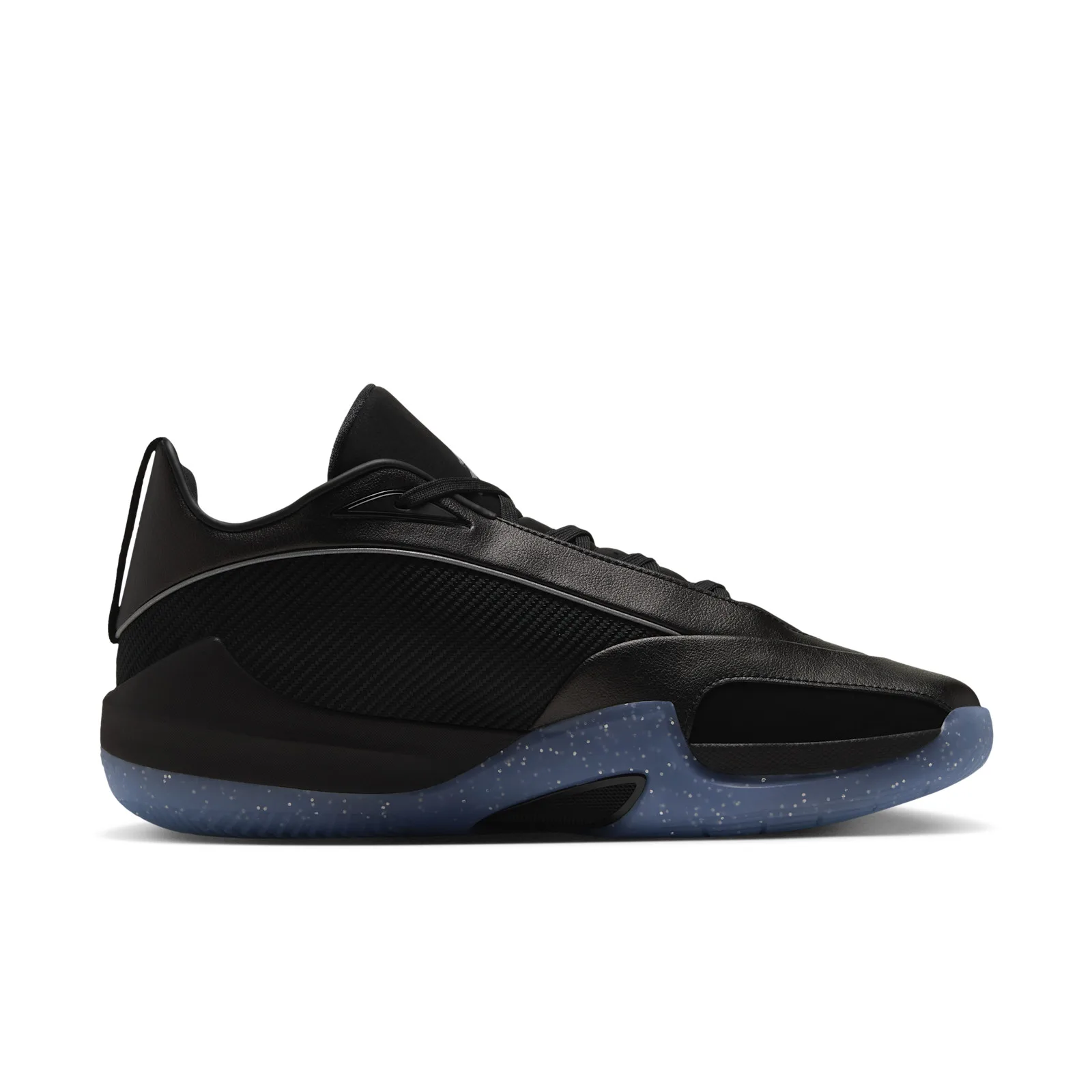 Medial view of a black sneaker with a heel pull loop and a speckled translucent blue sole, Black/Metallic Silver