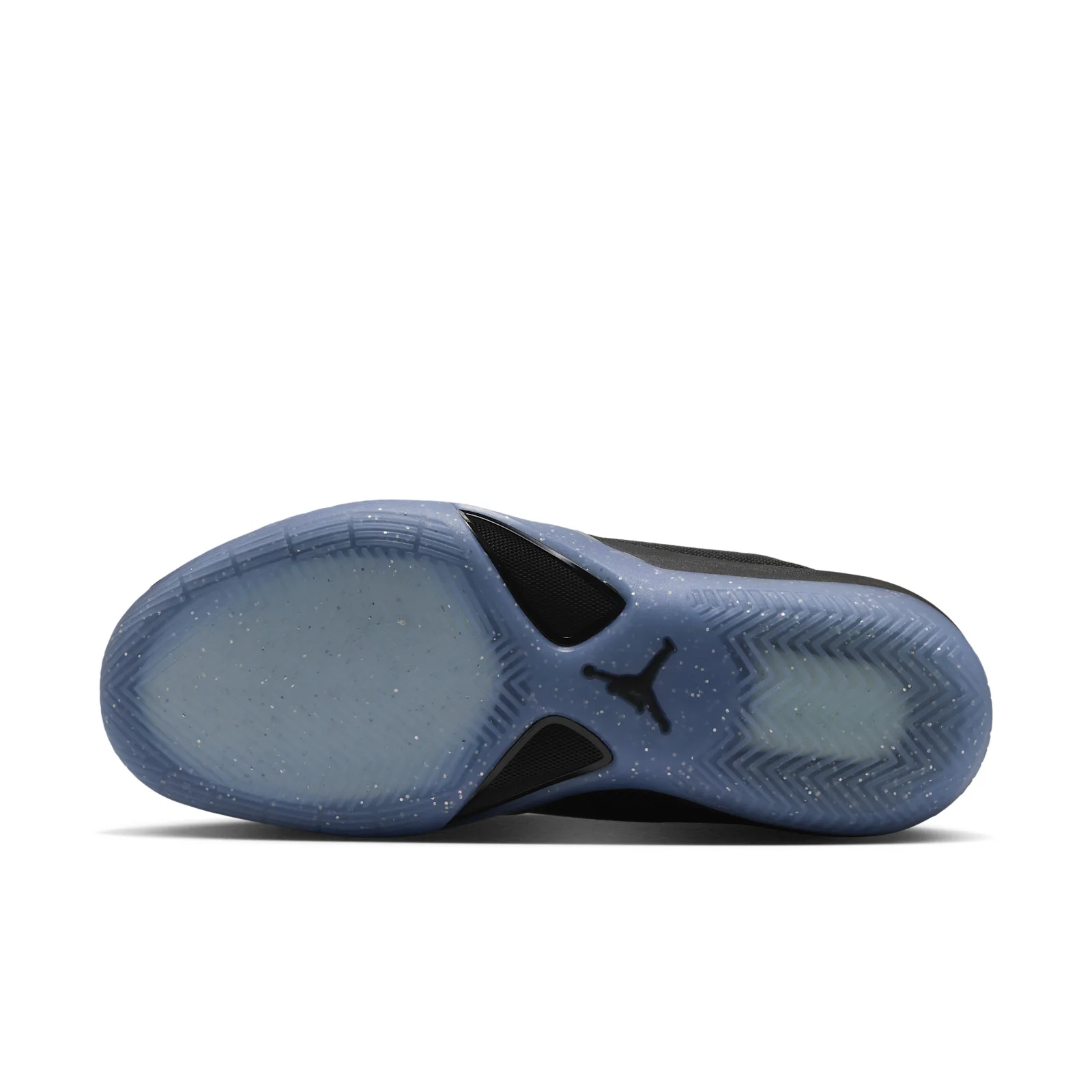 Outsole view, speckled translucent blue rubber with herringbone traction, black Jumpman logo at the center, Black/Metallic
