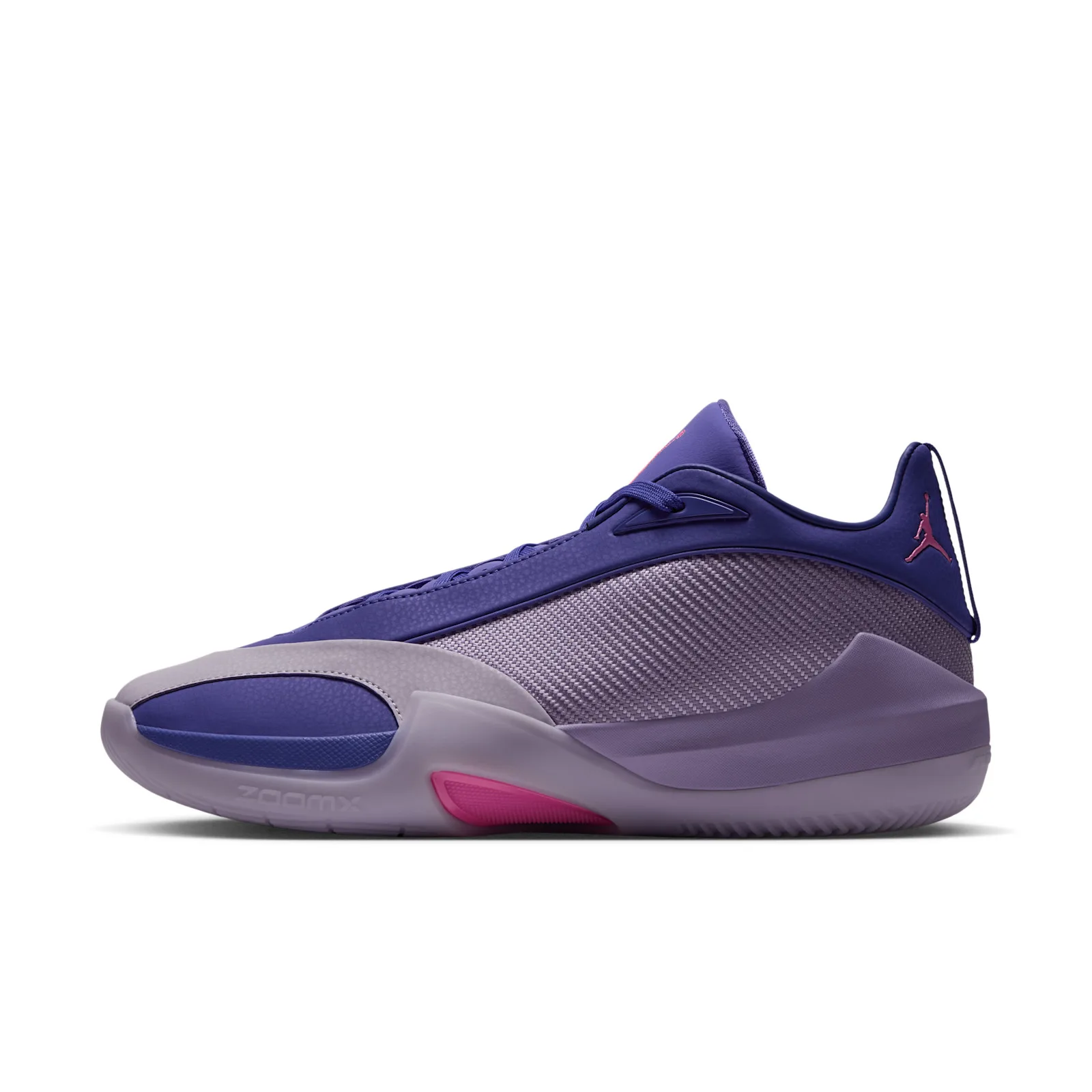 Lateral view on white of a purple sneaker with lilac midsole, pink heel insert and pink Jumpman on the heel tab, Bright