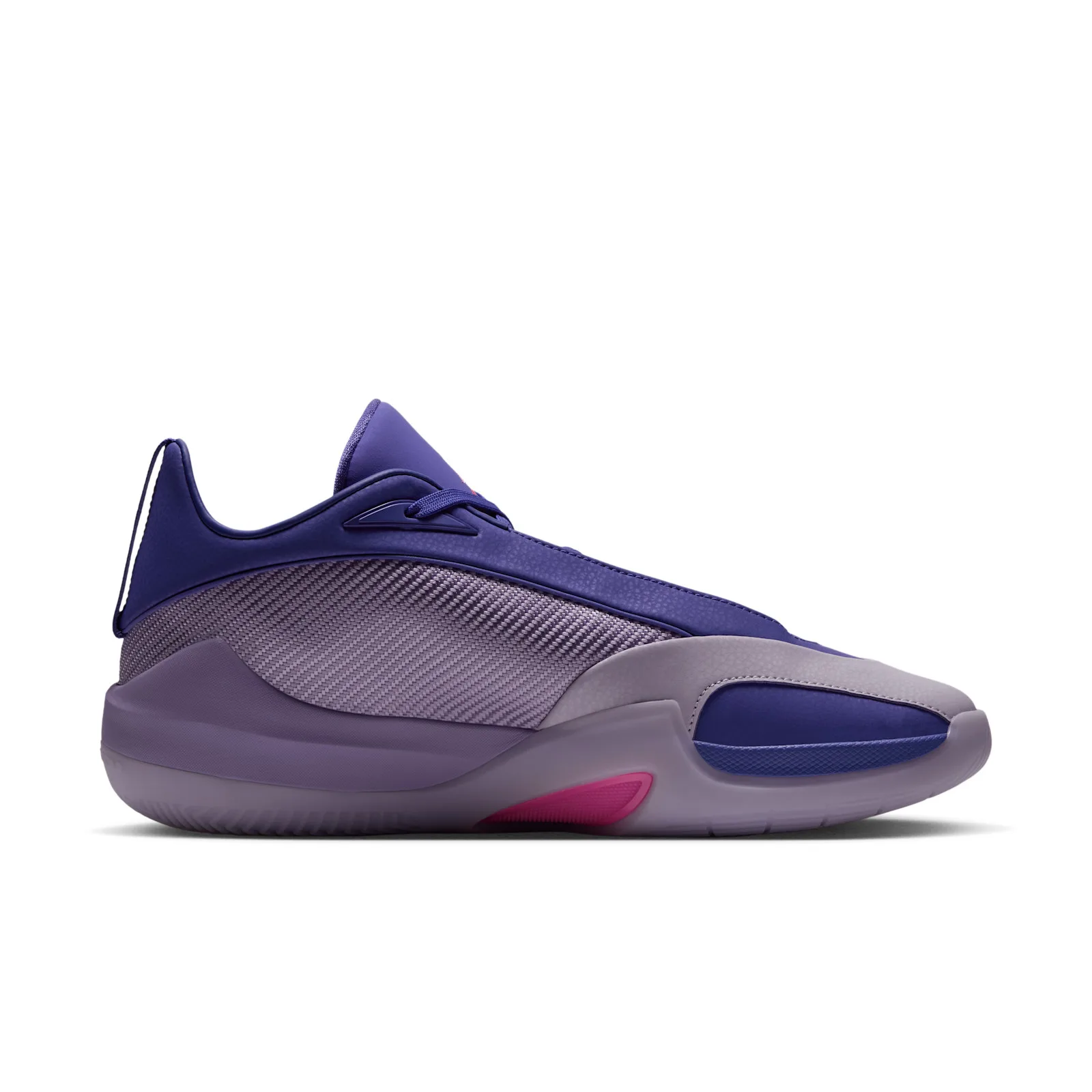 Medial view of a purple and lilac sneaker with woven textured side panel, translucent lilac midsole and pink heel insert