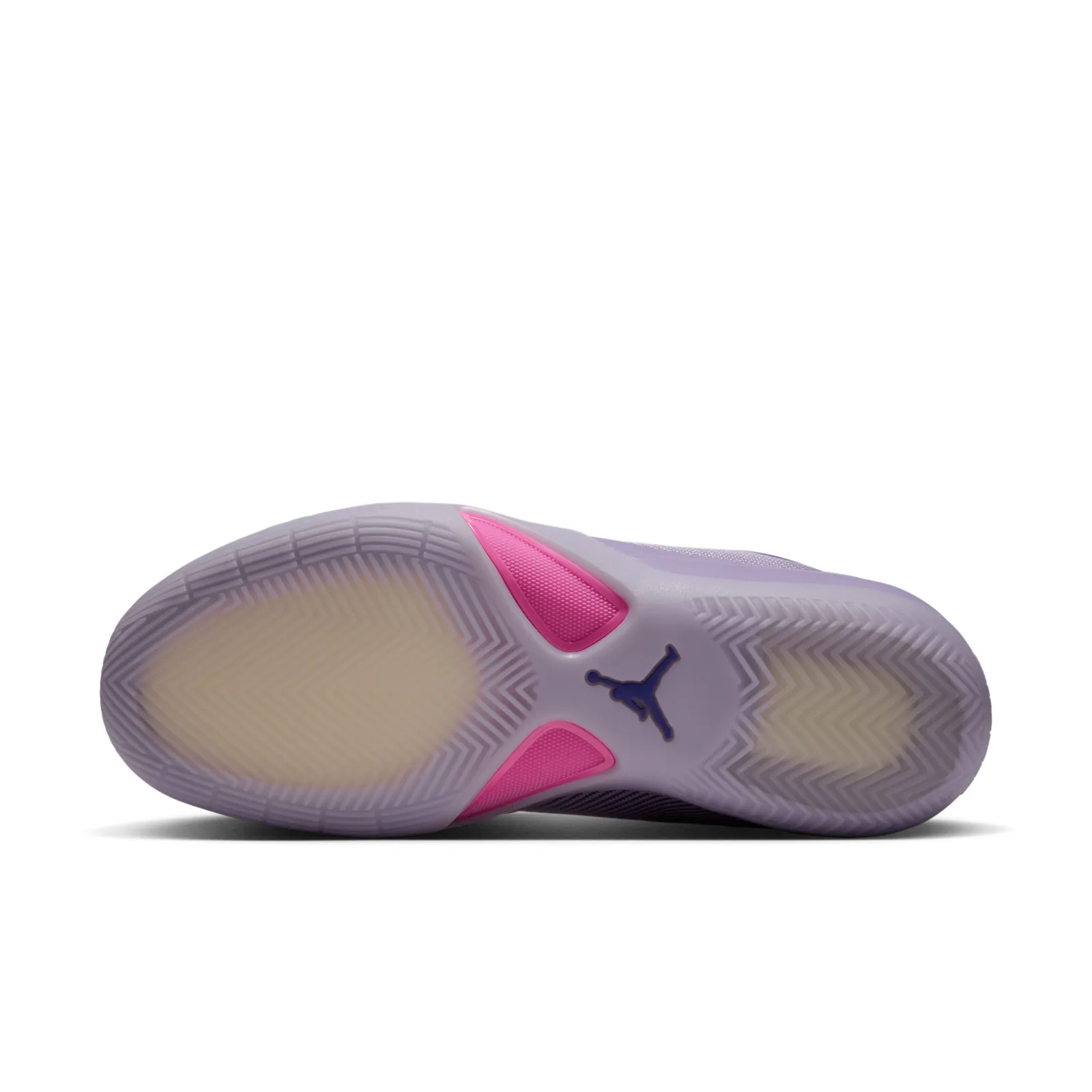 Outsole view with lilac herringbone tread, translucent cream forefoot, pink shank pieces and purple Jumpman logo, Bright
