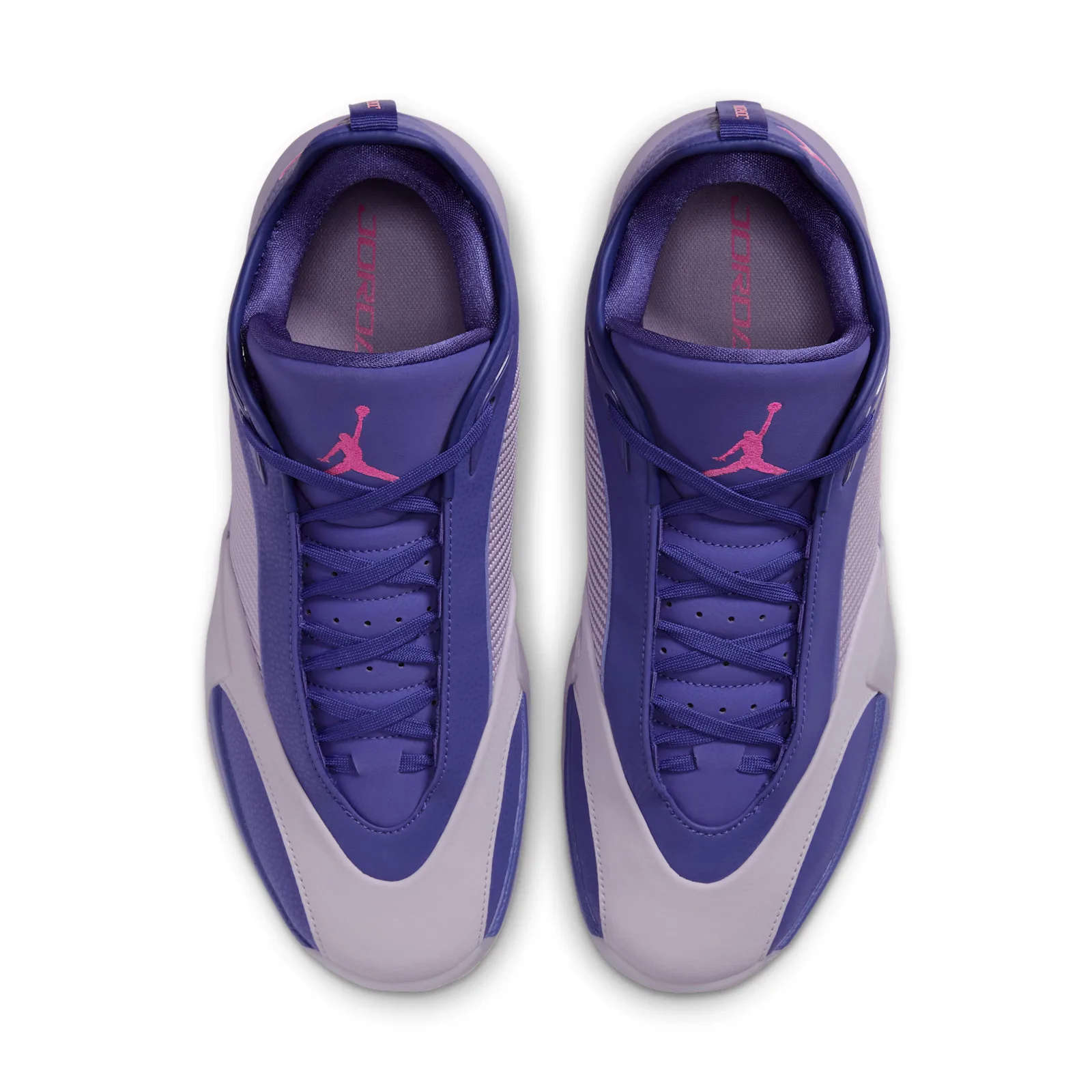 Top-down view of a pair with crisscross purple laces, pink Jumpman on tongues and lilac toe overlays, Bright Concord