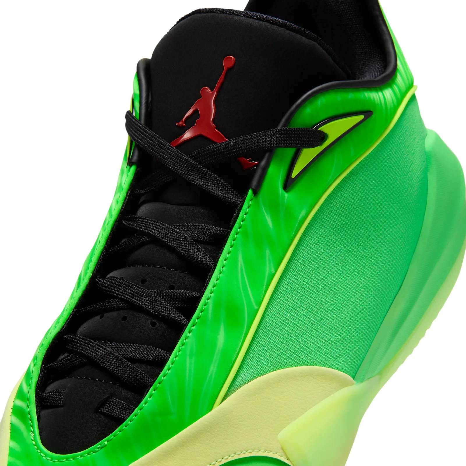 Detail of lacing and tongue, black laces, red Jumpman, lime piping and pale yellow toe, Paolo Banchero