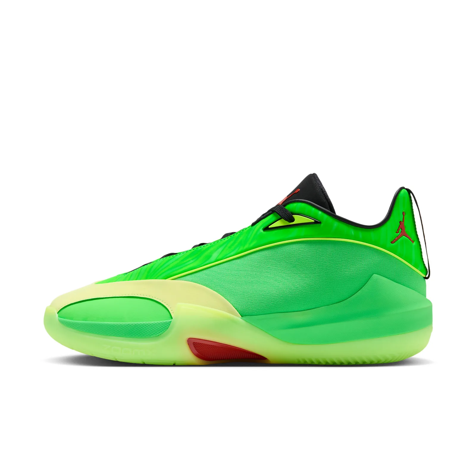 Lateral view on white, bright green upper with black collar, pale lime midsole and red heel insert, Paolo Banchero