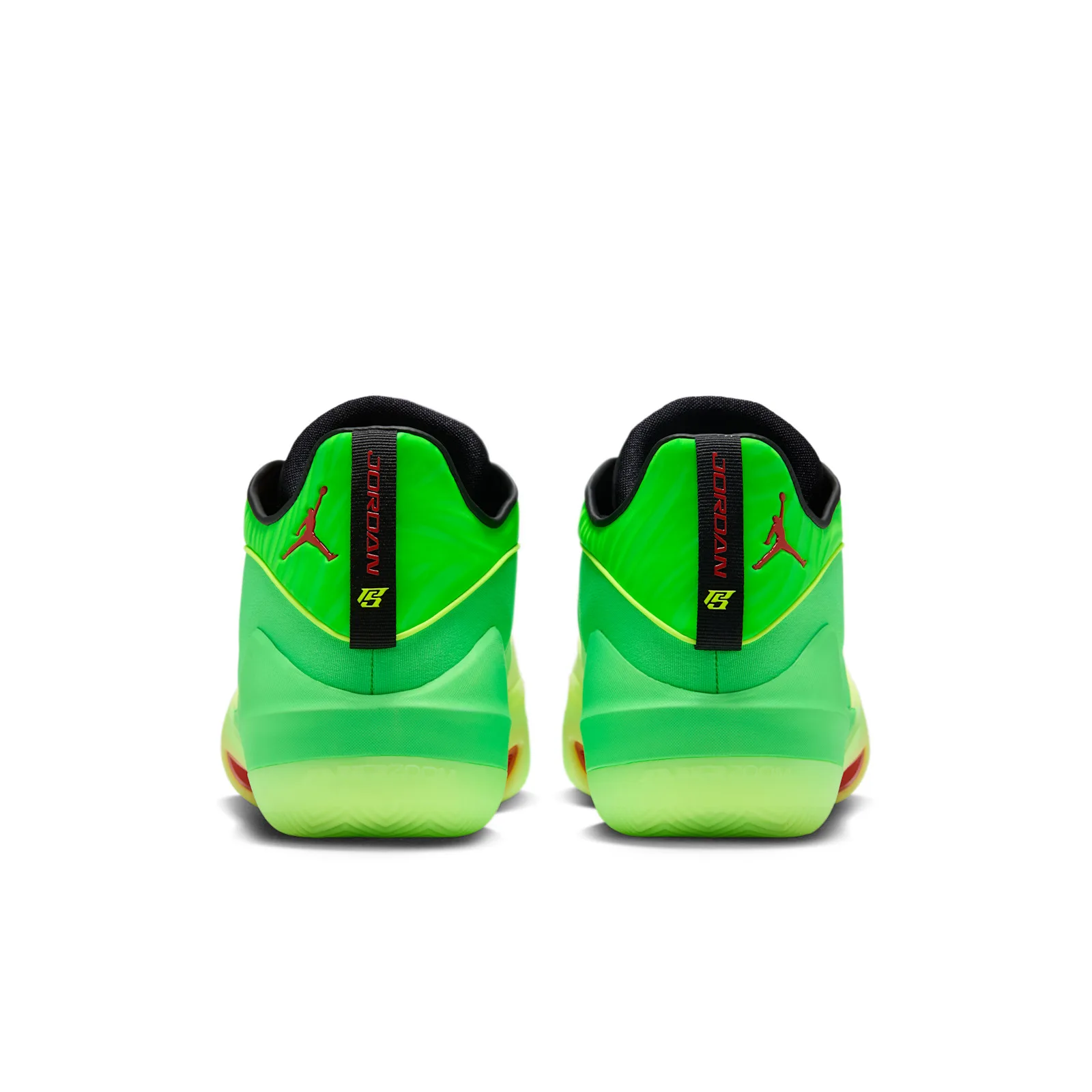Heel view of pair, black pull tab with red JORDAN text, red Jumpman logos, lime sole, Paolo Banchero