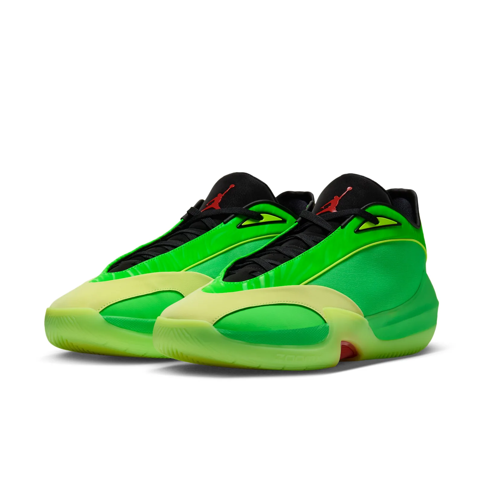 Pair, three-quarter front view, bright green uppers, black laces, pale lime toe and sole, Paolo Banchero