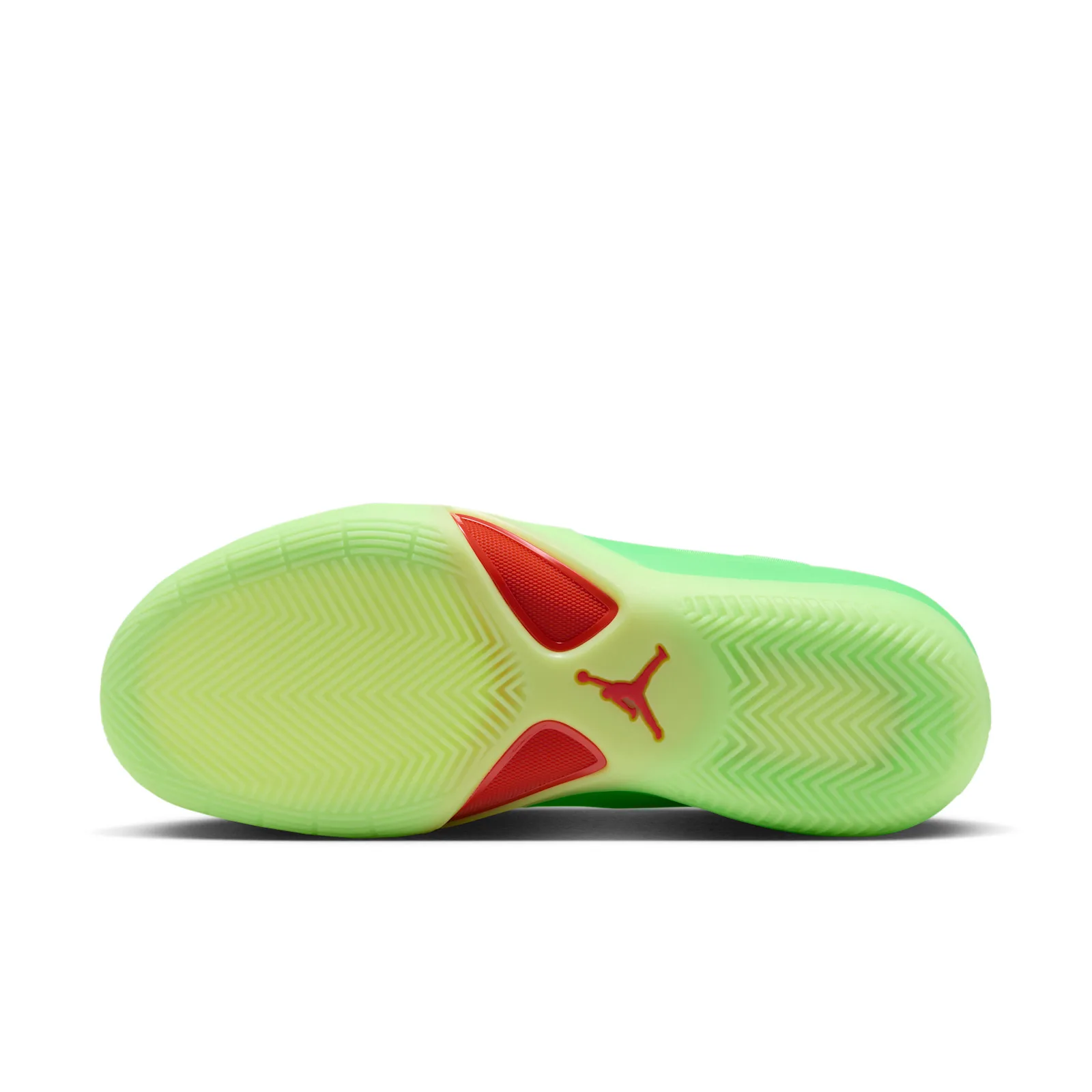 Outsole view, pale lime zigzag traction pattern with red inserts and red Jumpman logo, Paolo Banchero