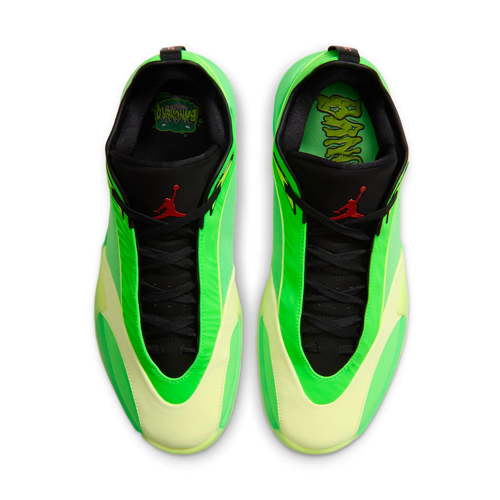 Top-down view of pair, black laces and Jumpman tongues, slime-style lettering on green insoles, Paolo Banchero