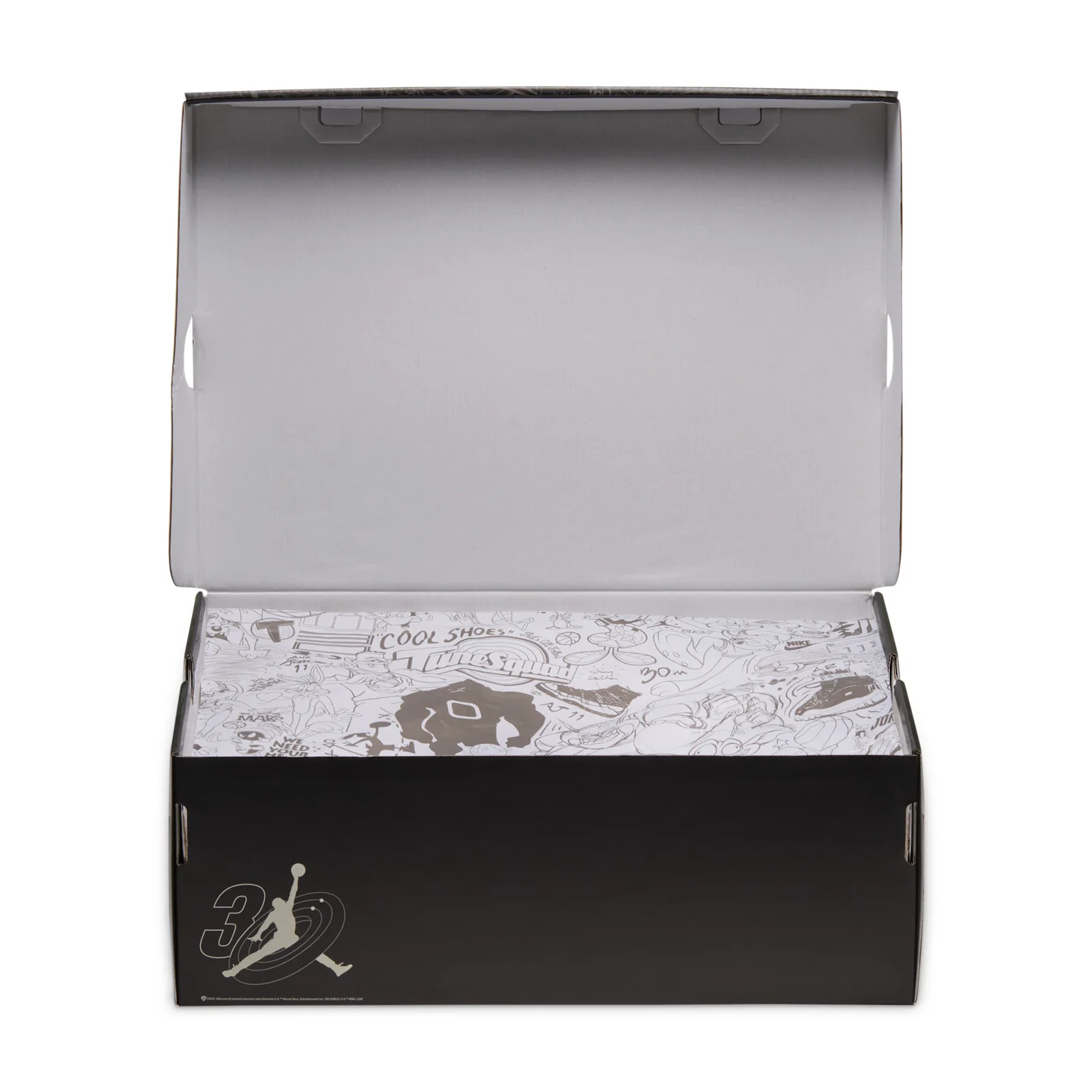Packaging, open black shoebox with white tissue printed with line-art cartoon doodles, Space Jam