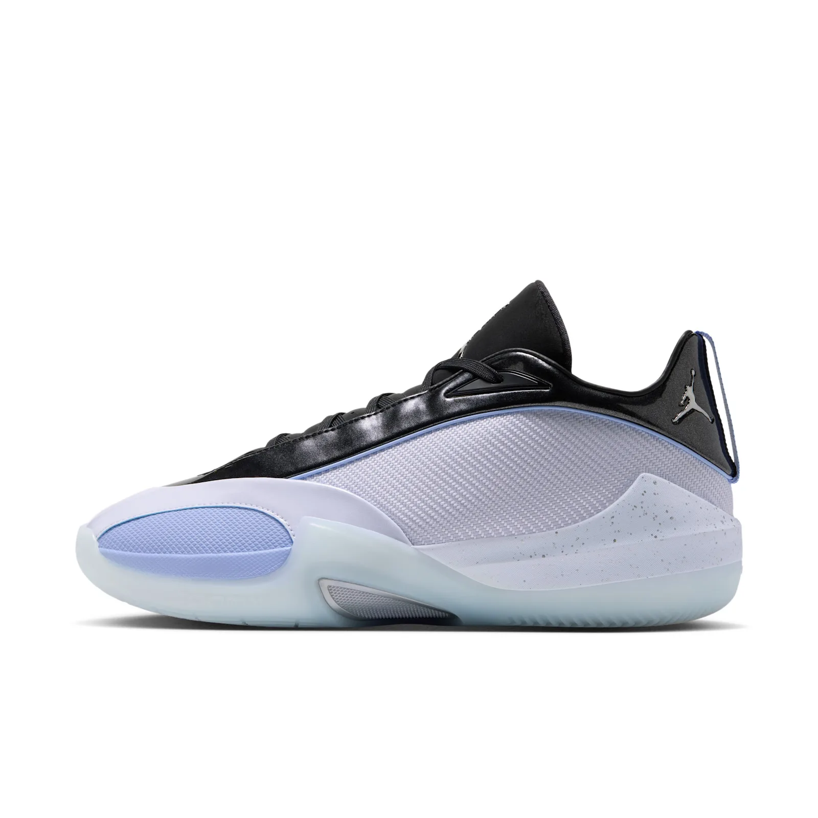 Lateral view on white, black patent heel and collar, white woven upper, speckled midsole, Space Jam
