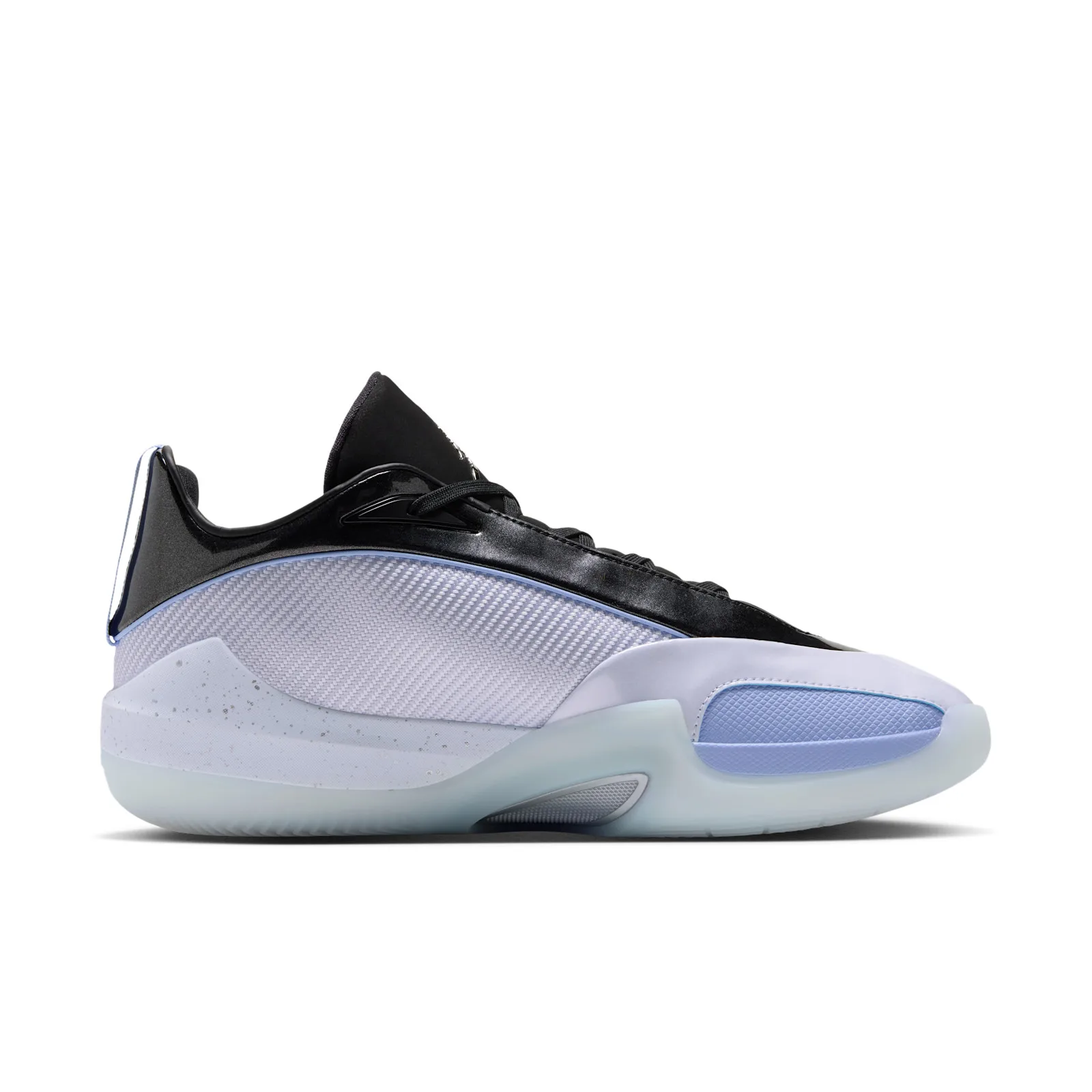 Medial view on white, light blue tab at heel, speckled white midsole, icy translucent sole, Space Jam