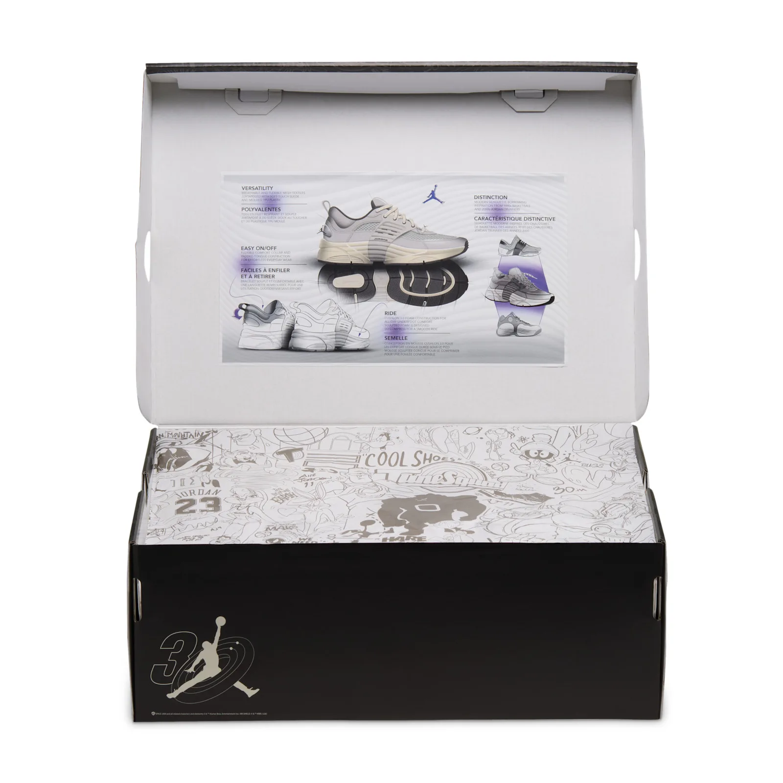 Open shoebox showing lid with grey shoe diagrams and text, doodle-print tissue paper, 3 logo on black box, Space Jam Planet