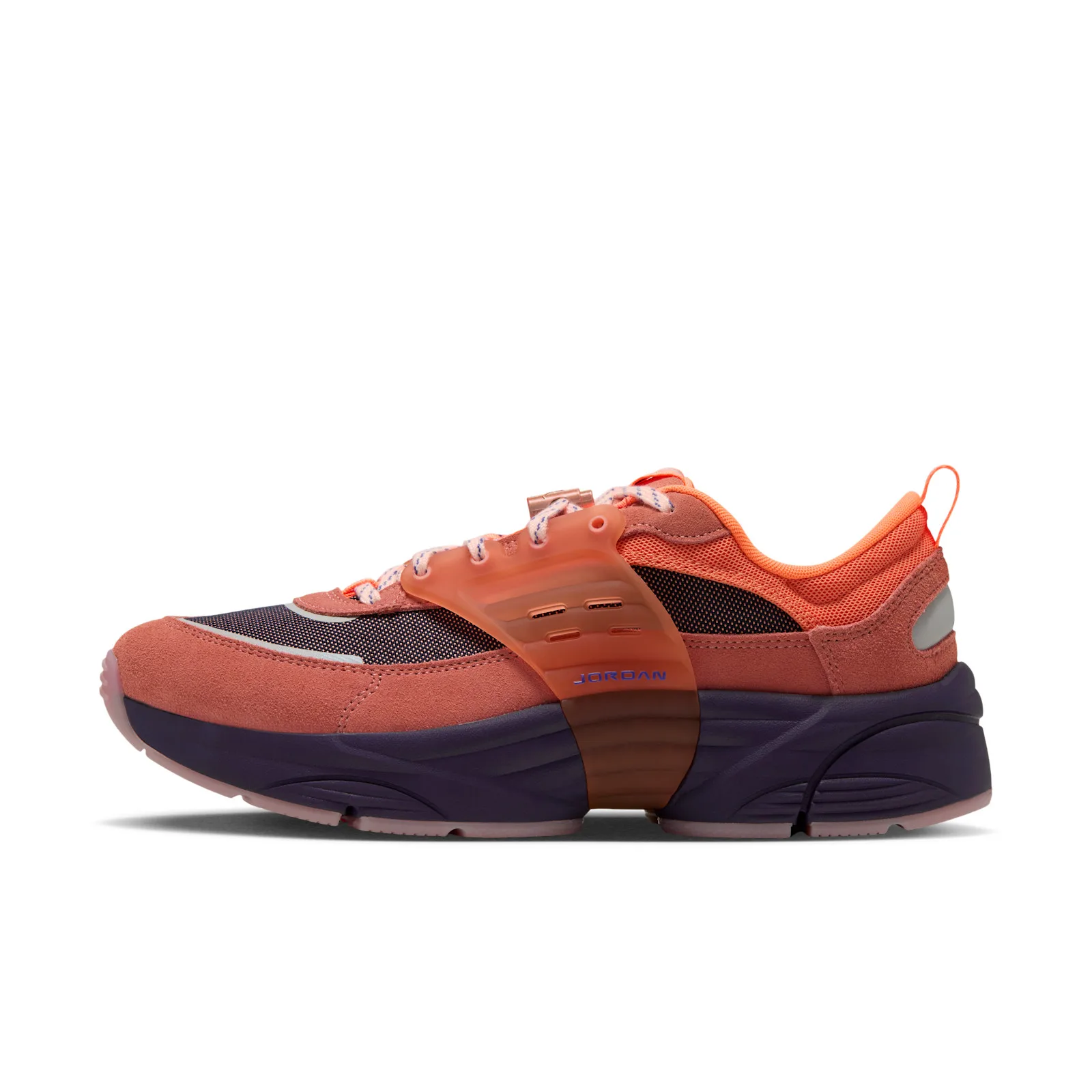 Lateral view, coral suede and orange mesh, translucent orange strap, chunky purple midsole, pink outsole, Space Jam Planet
